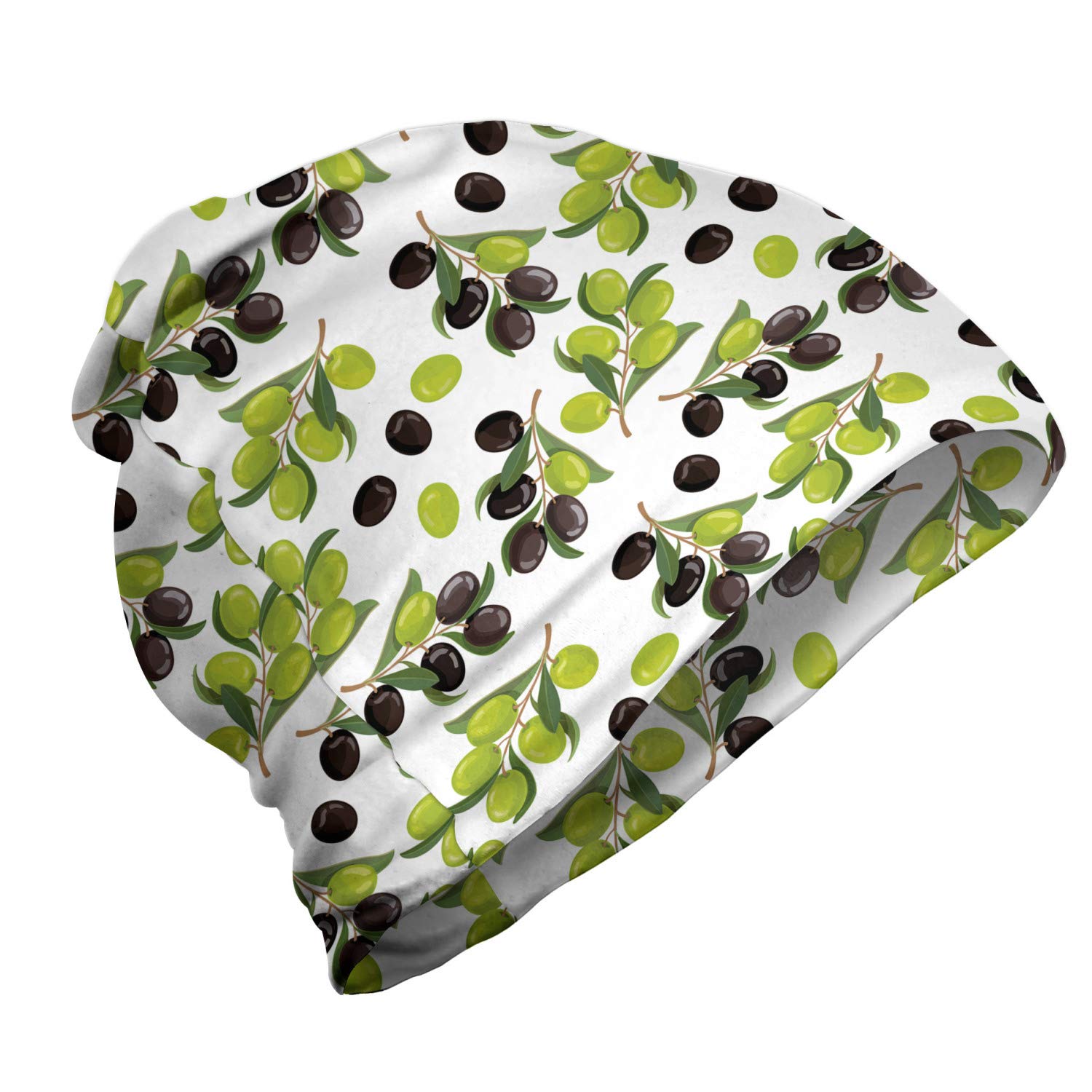 Ambesonne Unisex Beanie - Black Green Olive Branch Design - Warm Knit Winter Hat for Men & Women - Perfect for Hiking, Camping, and Outdoor Winter Activities