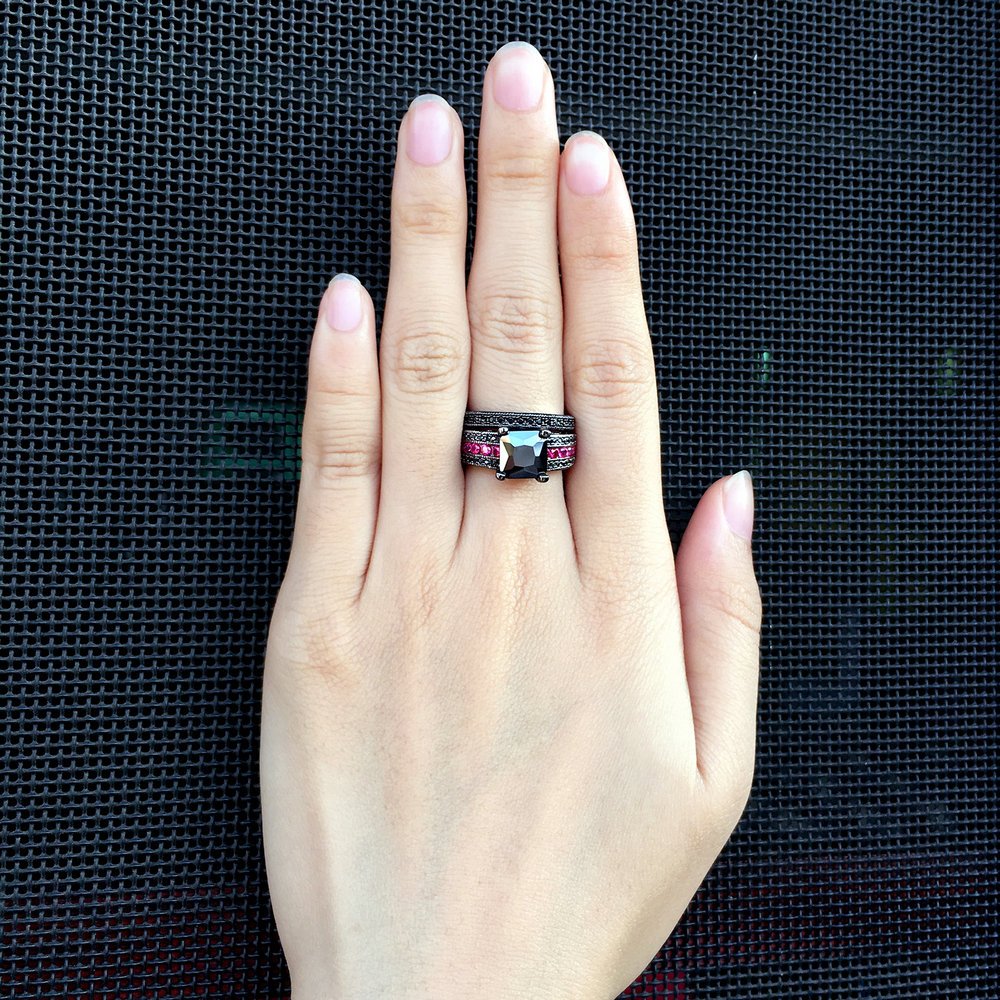 18K Black Gold Princess Cut Cubic Zirconia Engagement Ring Set - Wedding Promise Band, Anniversary Jewelry Gift for Her - Perfect for Proposals, Bridal Sets & Romantic Occasions