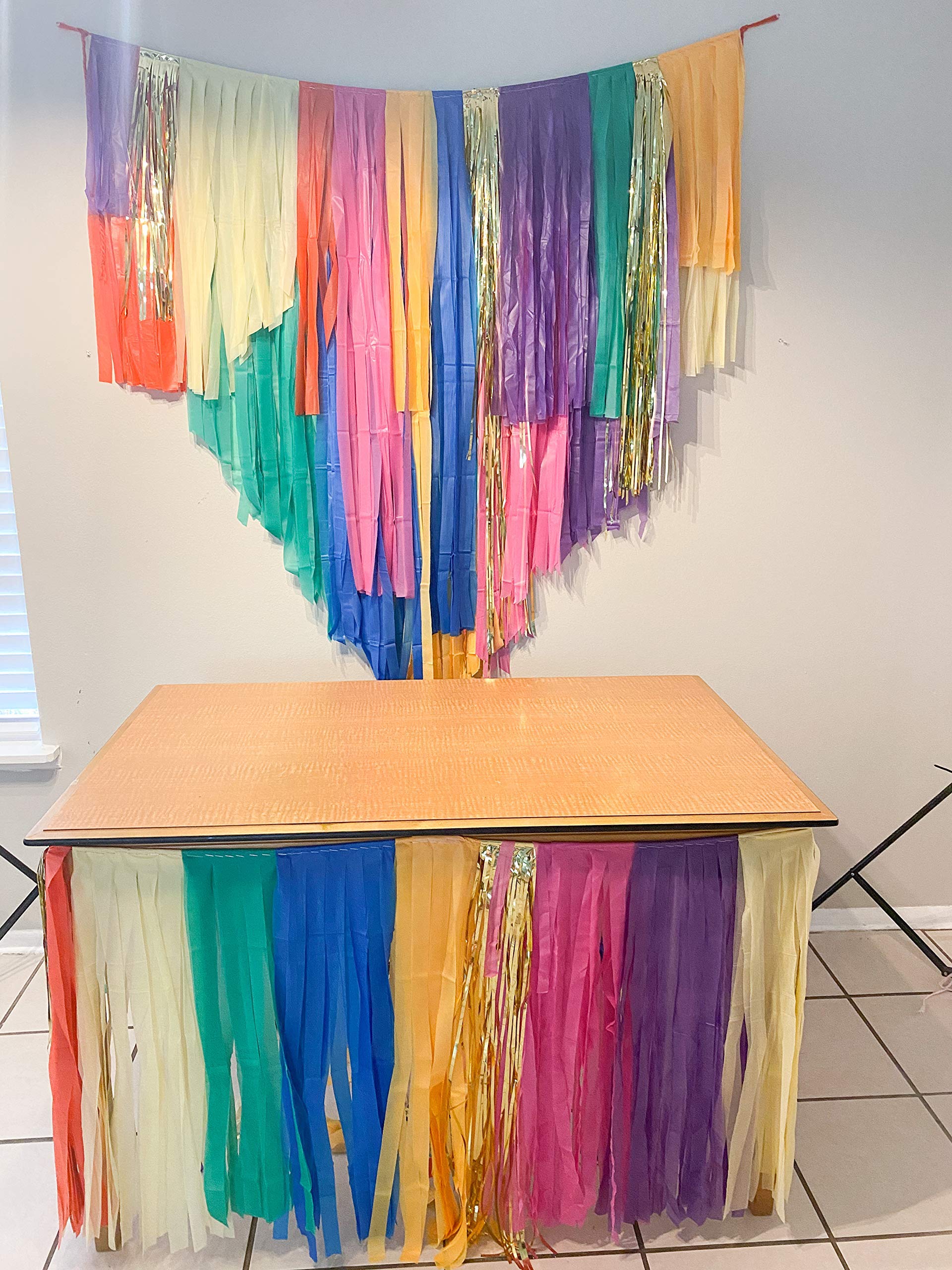 Rainbow Fringe Table Skirt & Streamer Backdrop - 2 in 1 Tassel Decor for Party, Wedding, Baby Shower & Photo Booth Background