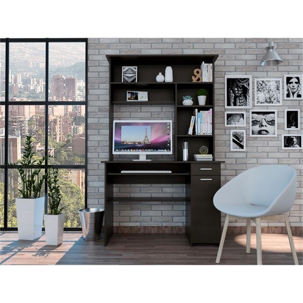 TUHOME Black Compu 180 Hutch Wood Desk for Home Office