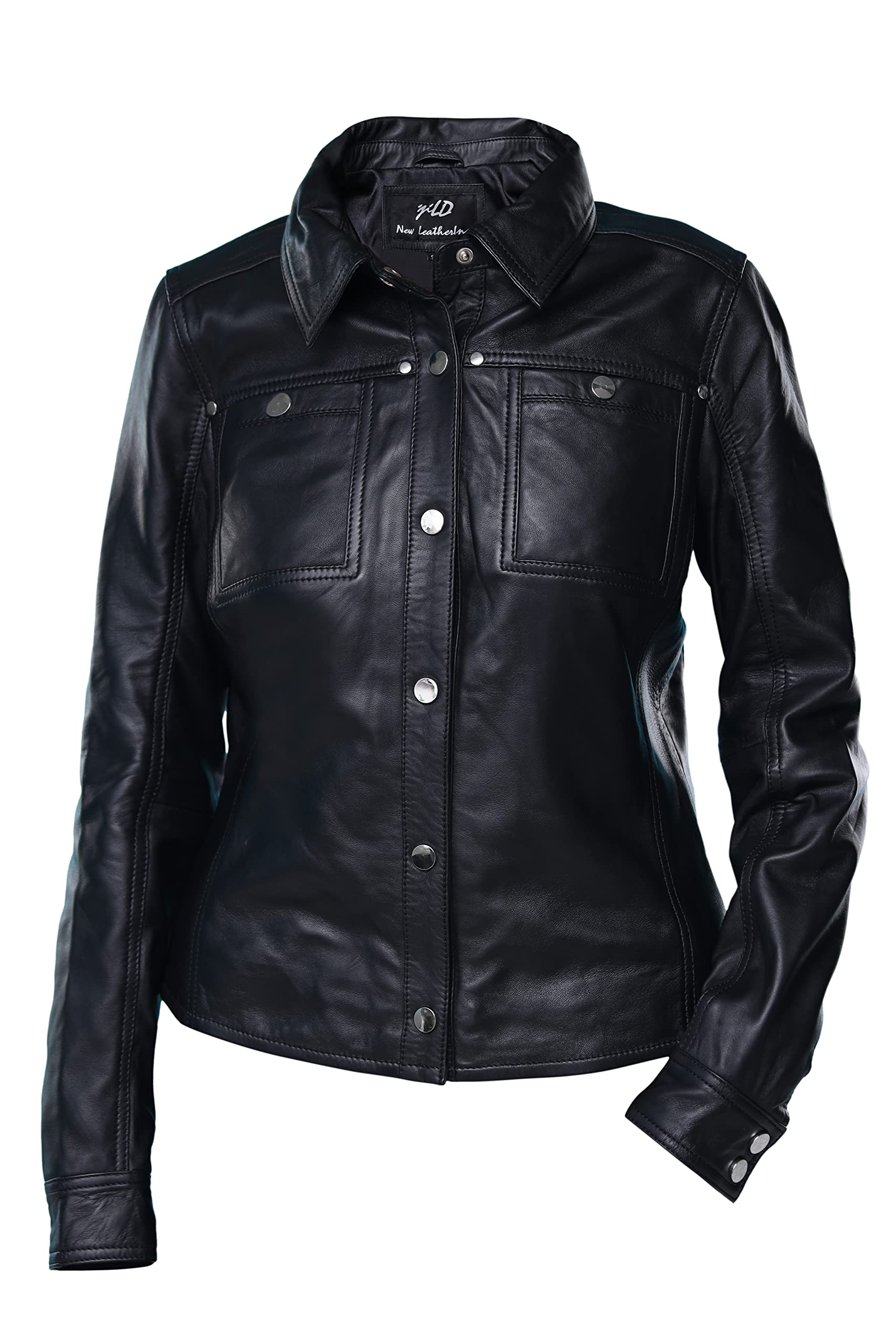 Jild Women's Button Front Lambskin Leather Jacket Shacket - Casual Long Sleeve Shirt Jacket with Bust Pocket for Fall Outfits, Date Nights & Street Style Fashion