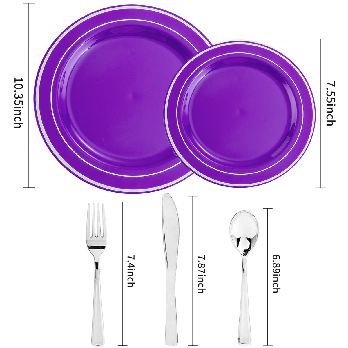 WELLIFE 200-Piece Purple & Silver Plastic Dinnerware Set - 40 Dinner Plates, 40 Dessert Plates, 40 Forks, 40 Knives, 40 Spoons - Elegant Disposable Tableware for Wedding, Party, Birthday, Bridal Shower & Special Events