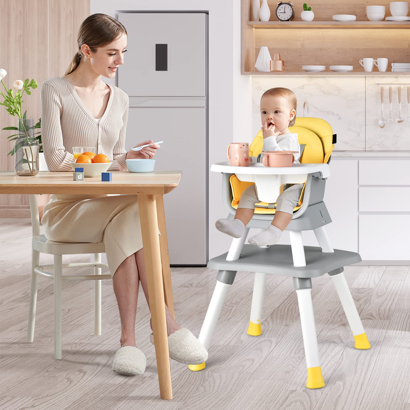 HONEY JOY 8-in-1 Convertible Baby High Chair with Safety Harness - Toddler Dining Chair, Booster Seat, Building Block Table & Stool Set (Yellow) - Perfect for Feeding, Playtime & Learning Activities
