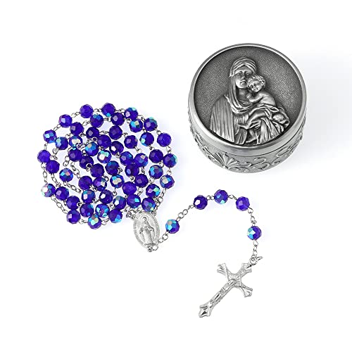 Royal Blue Crystal + Madonna & Child Rosary Box