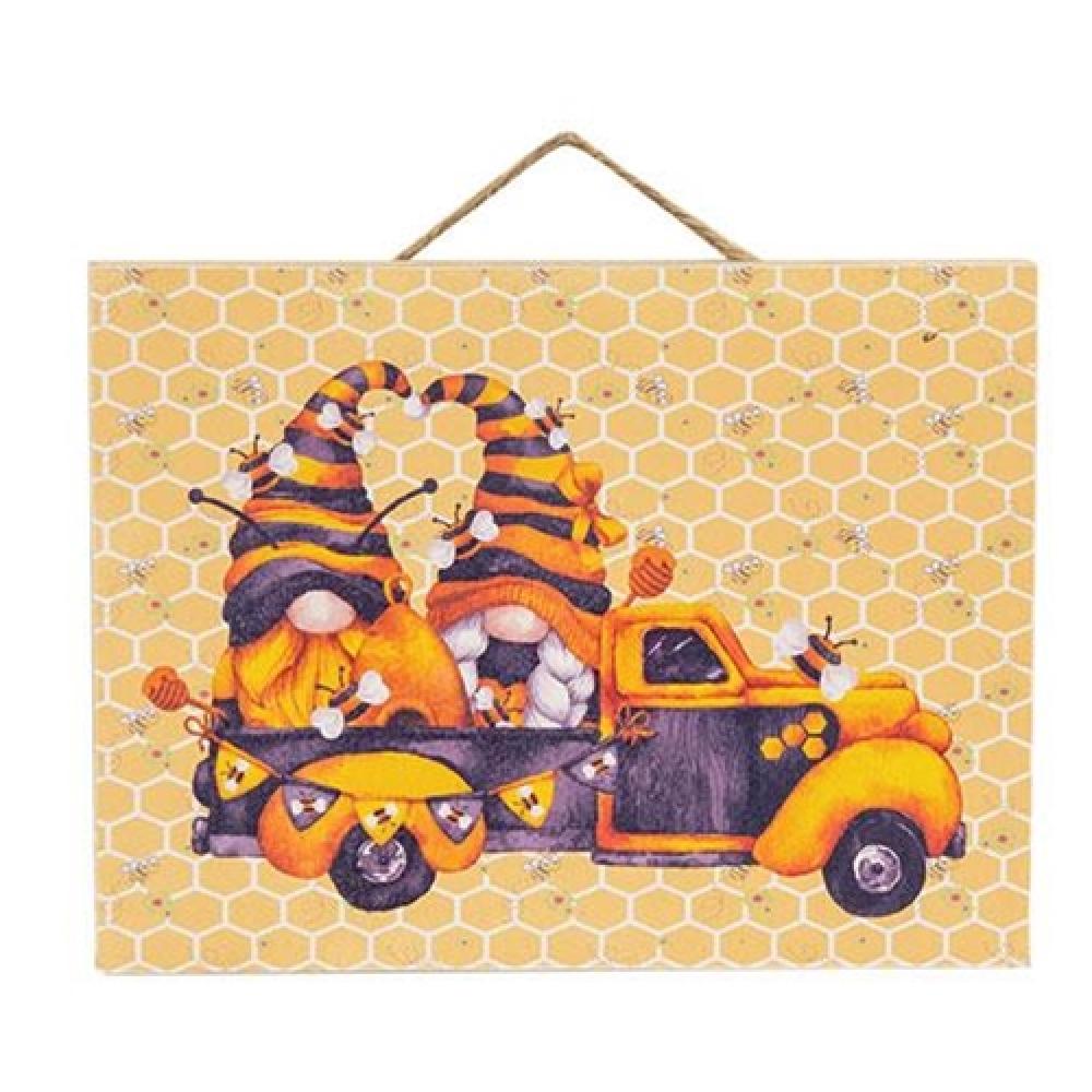 Bumblebee Gnomes in Truck Hanging Sign - Whimsical Garden Decor for Outdoor & Indoor Use - Perfect for Patio, Yard, and Home Decoration