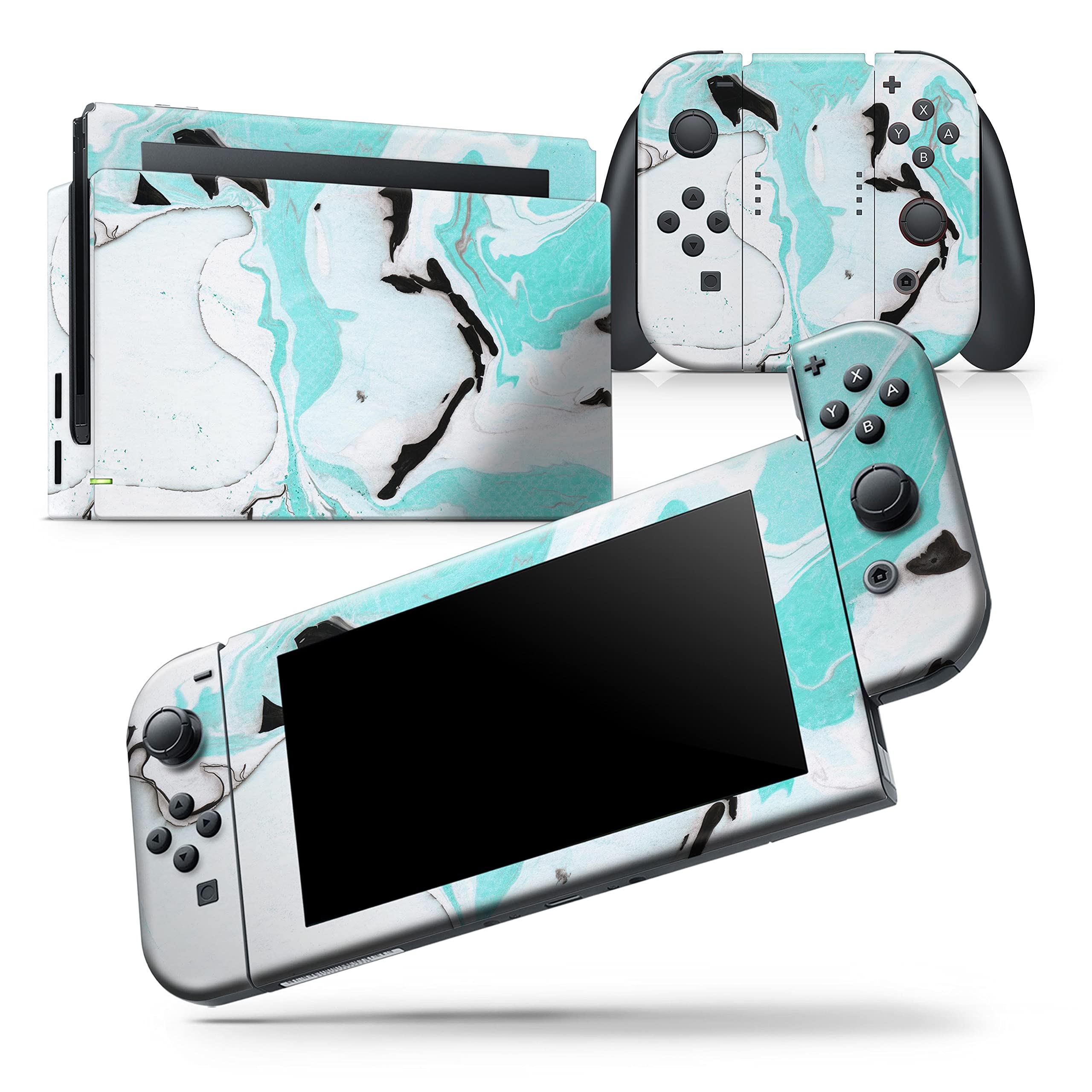 Nintendo Switch Lite Skin Decal - Black & Teal Marble Vinyl Wrap Cover - Scratch Resistant Protective Removable Sticker - Perfect for Gaming Protection & Customization