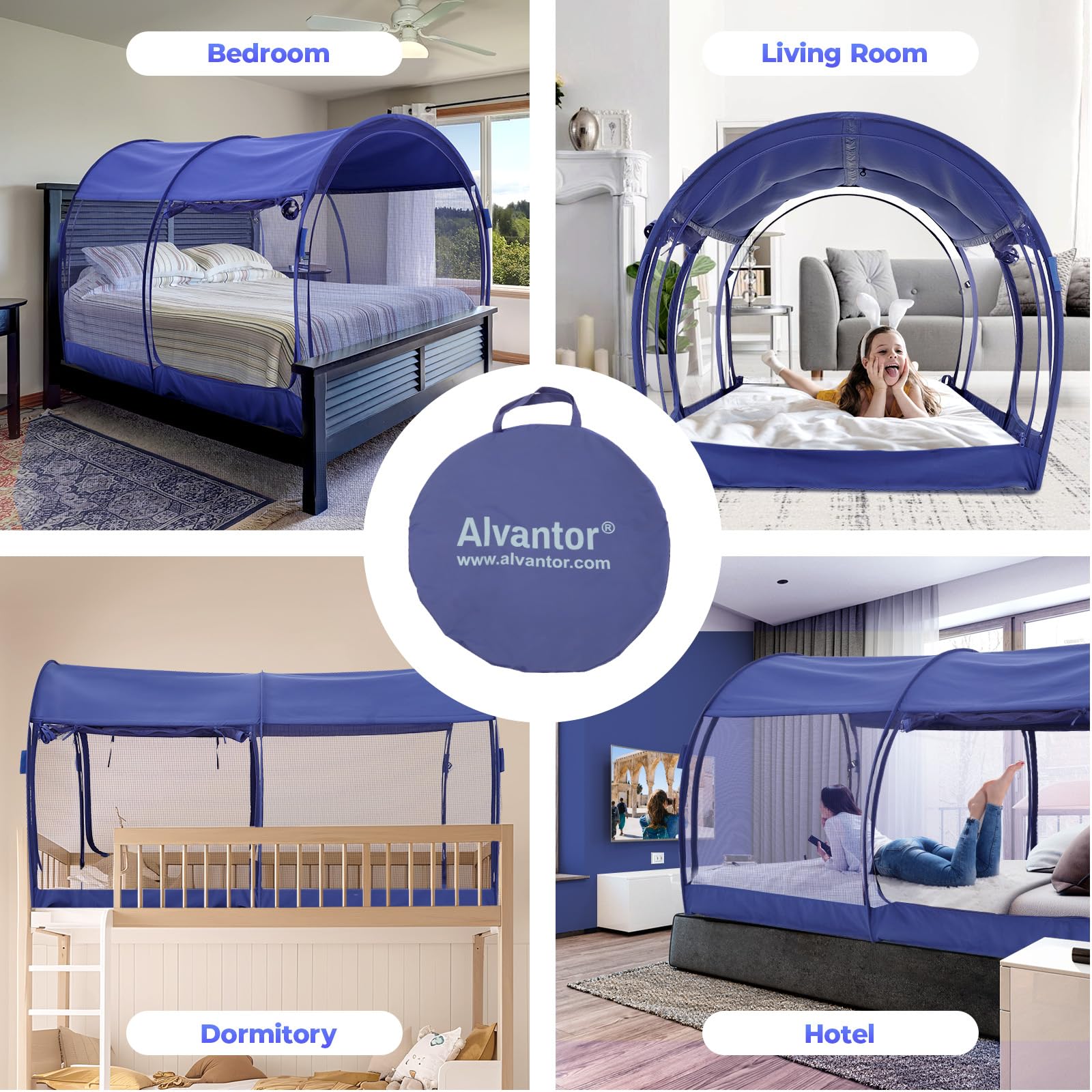 Alvantor Full Size Mosquito Net Bed Canopy - Breathable Pop Up Bed Tent for Indoor Use, Portable Privacy Sleeping Space with Frame, Navy Blue (Mattress Not Included) - Perfect for Camping, Travel, Dorm Rooms & Home Privacy Protection