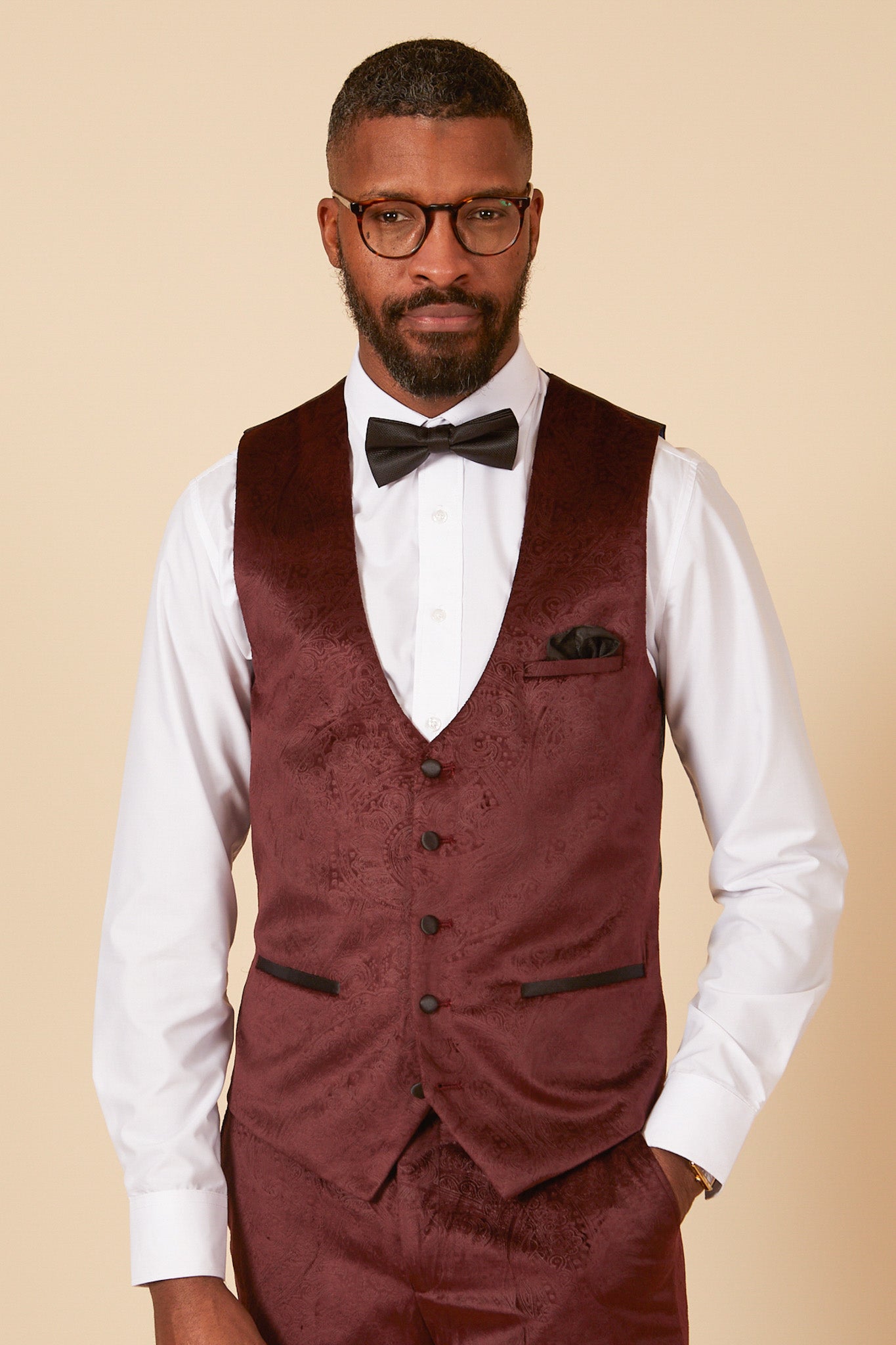 SIMON Wine Velvet Jacquard Three Piece Suit for Men - Elegant Formal Wear for Weddings, Business Meetings & Special Occasions
