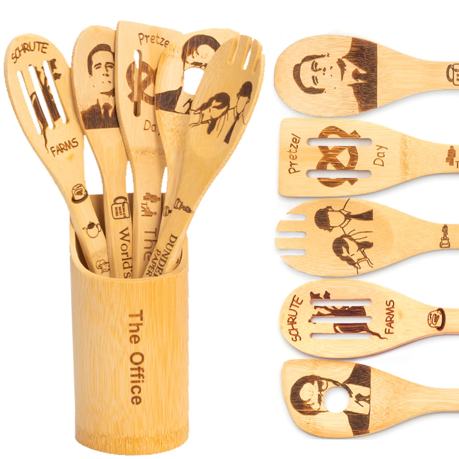 The Office Wooden Spoon Set - 6-Piece Non-Stick Kitchen Utensils with Holder | TV Show Merchandise Gifts for Fans | Cooking, Serving & Housewarming Decor Present for Women & Moms | Perfect for Cooking Shows, Fan Gift Exchanges & Kitchen Decor