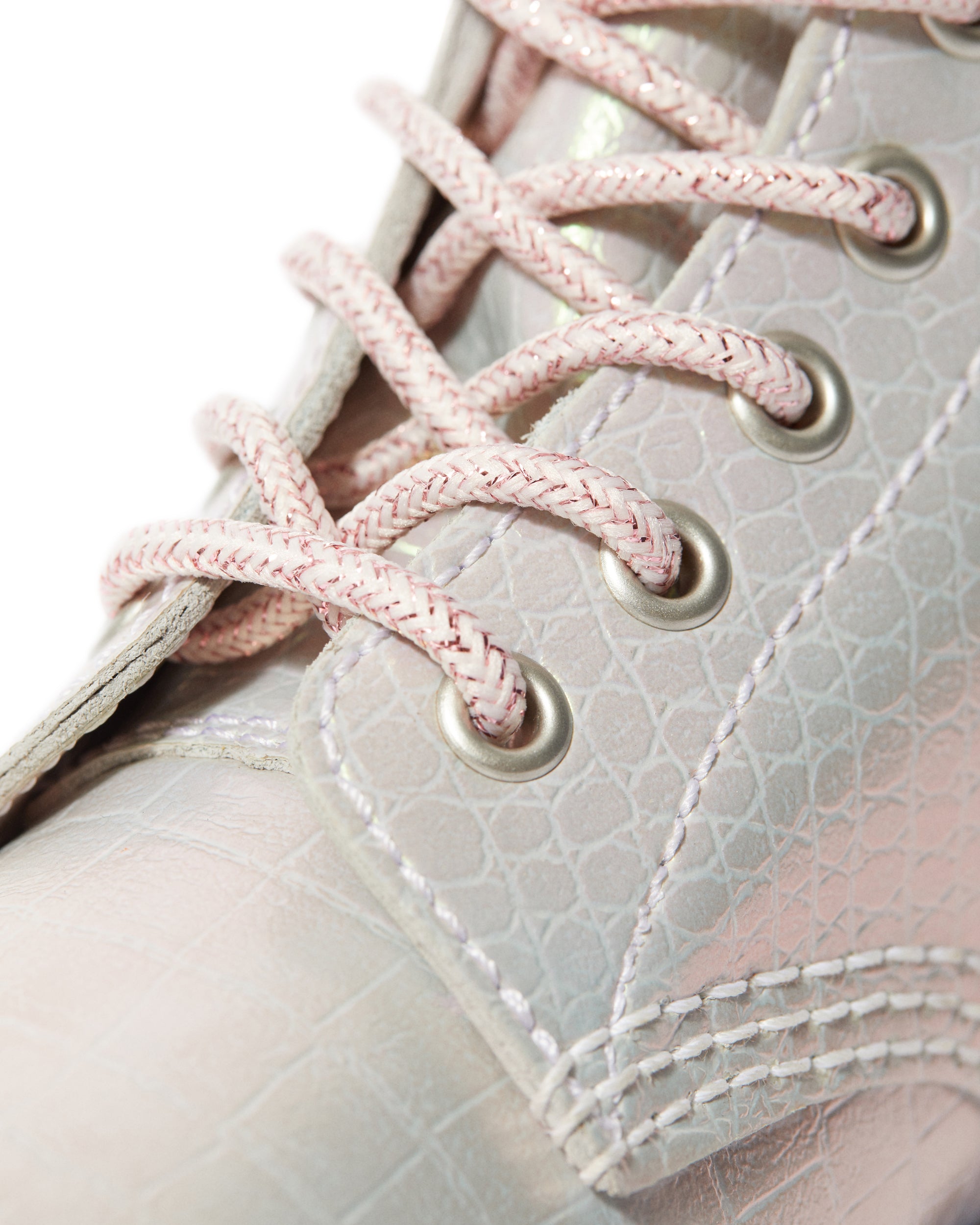 1460 Pascal Pink Iridescent Croc Leather Boots for Women | Shiny Metallic Ankle Boots | Perfect for Punk Fashion, Music Festivals & Streetwear Outfits