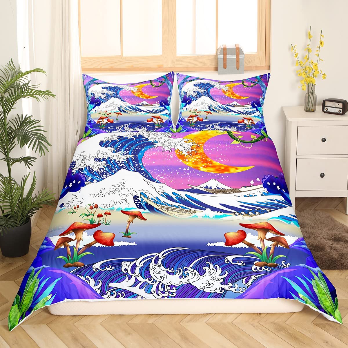 Japanese Ukiyoe Kids Duvet Cover Set - Twin Size Cartoon Mushroom & Hokusai Wave Design, 1 Duvet Cover + 1 Pillowcase, Exotic Style Bedding for Boys & Girls - Perfect for Kids' Rooms, Themed Bedrooms & Unique Gift Ideas