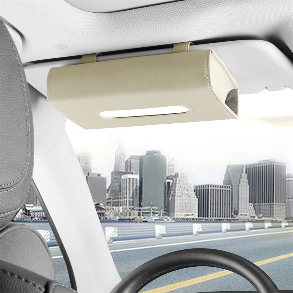 Large Beige Car Visor Tissue Holder & Organizer - Mask Dispenser, Napkin Box for Car - Durable Car Accessories for Road Trips & Daily Commute