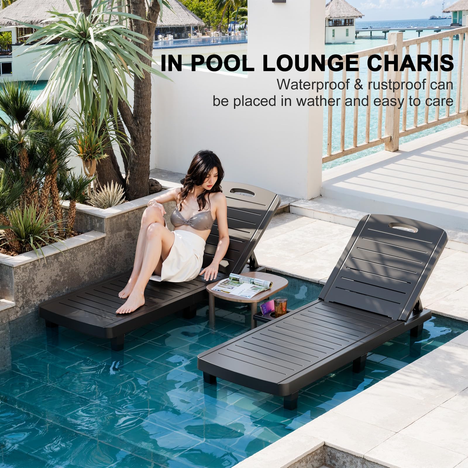 2-Pack Oversized Outdoor Chaise Lounge Chairs - 5-Level Adjustable Backrest & Cup Holder - Waterproof Resin Poolside Patio Beach Yard Furniture - Perfect for Sunbathing, Relaxing by the Pool or Beach Vacation