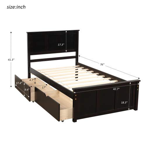 Platform Storage Bed with 2 Rolling Drawers - Twin Size Bed Frame in Espresso Finish | Space-Saving Bedroom Solution for Small Rooms & Dormitories