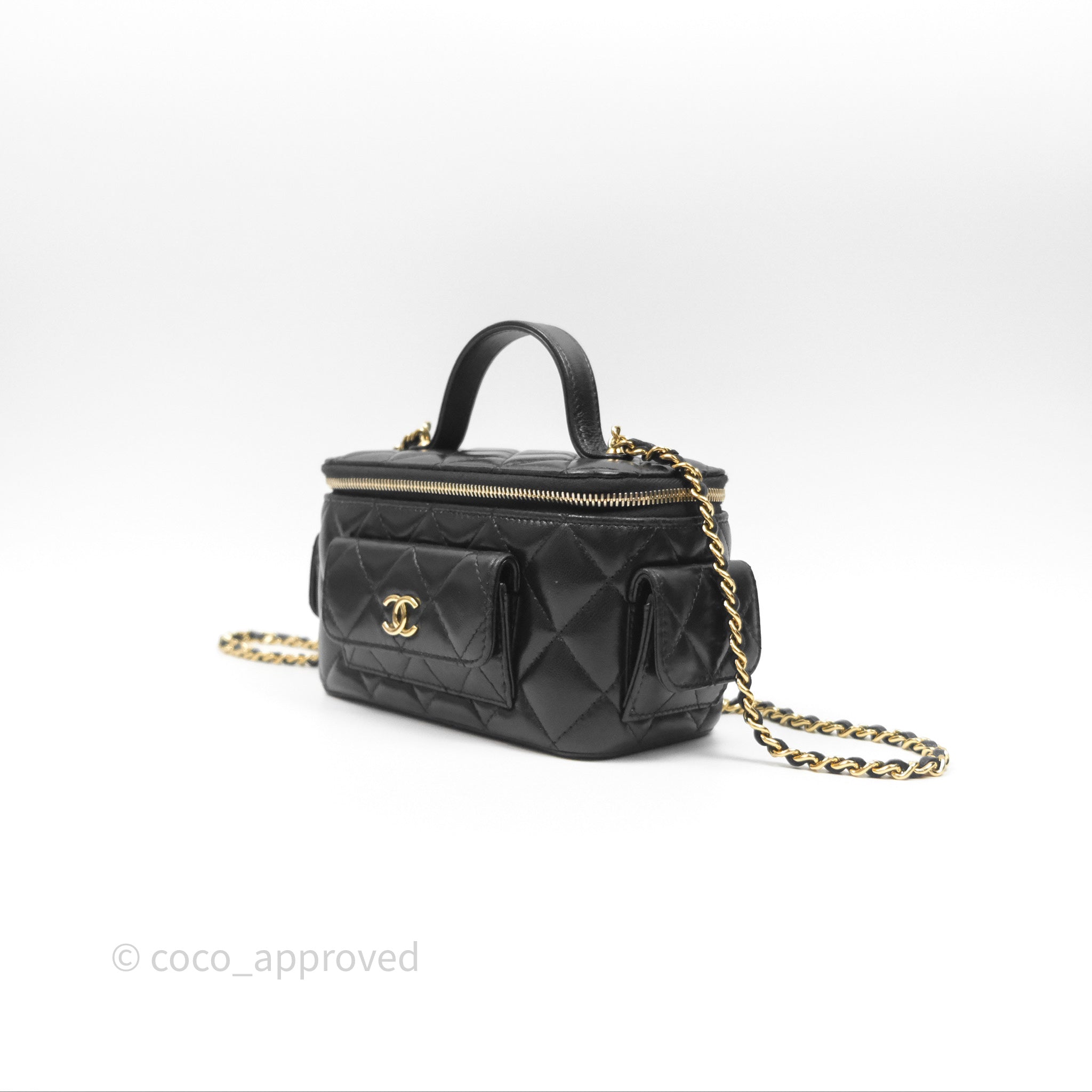 Chanel Black Shiny Lambskin Cargo Pocket Top Handle Vanity Bag with Gold Chain 22K Hardware - Luxury Crossbody Purse for Women, Perfect for Evening Parties & Date Nights
