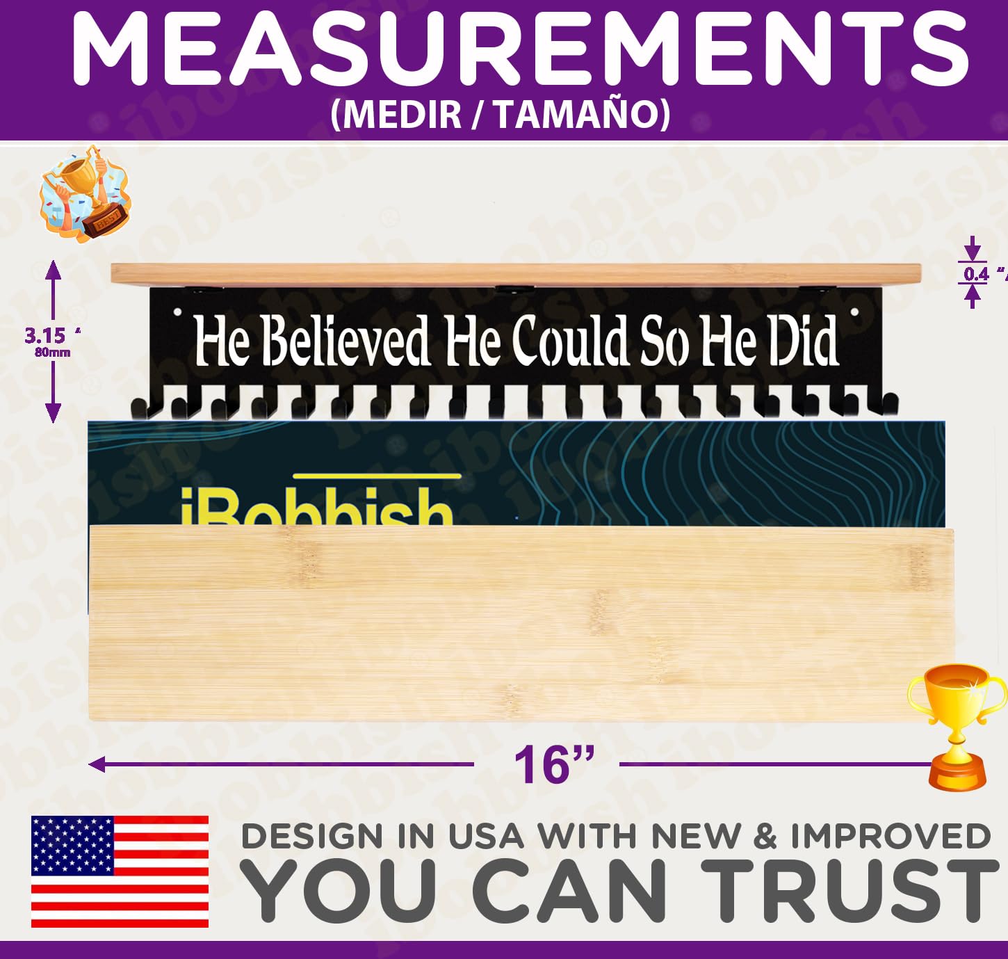 iBobbish Premium 16-Inch Metal Trophy & Medal Display Shelf with Hooks - Large Bamboo Trophy Board for Wall Mounting - Sturdy Award Organizer for Sports Medals, Academic Awards & Office Decor
