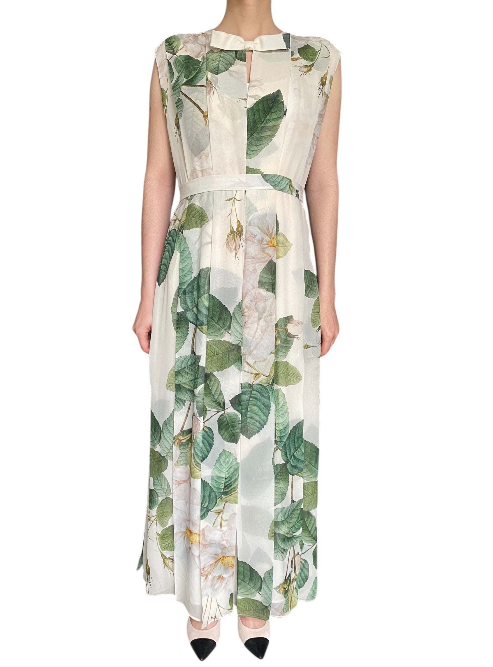Giambattista Valli Ivory Green Silk Chiffon Roses Print Evening Gown Dress Size IT44 US8 for Wedding, Prom & Special Occasions