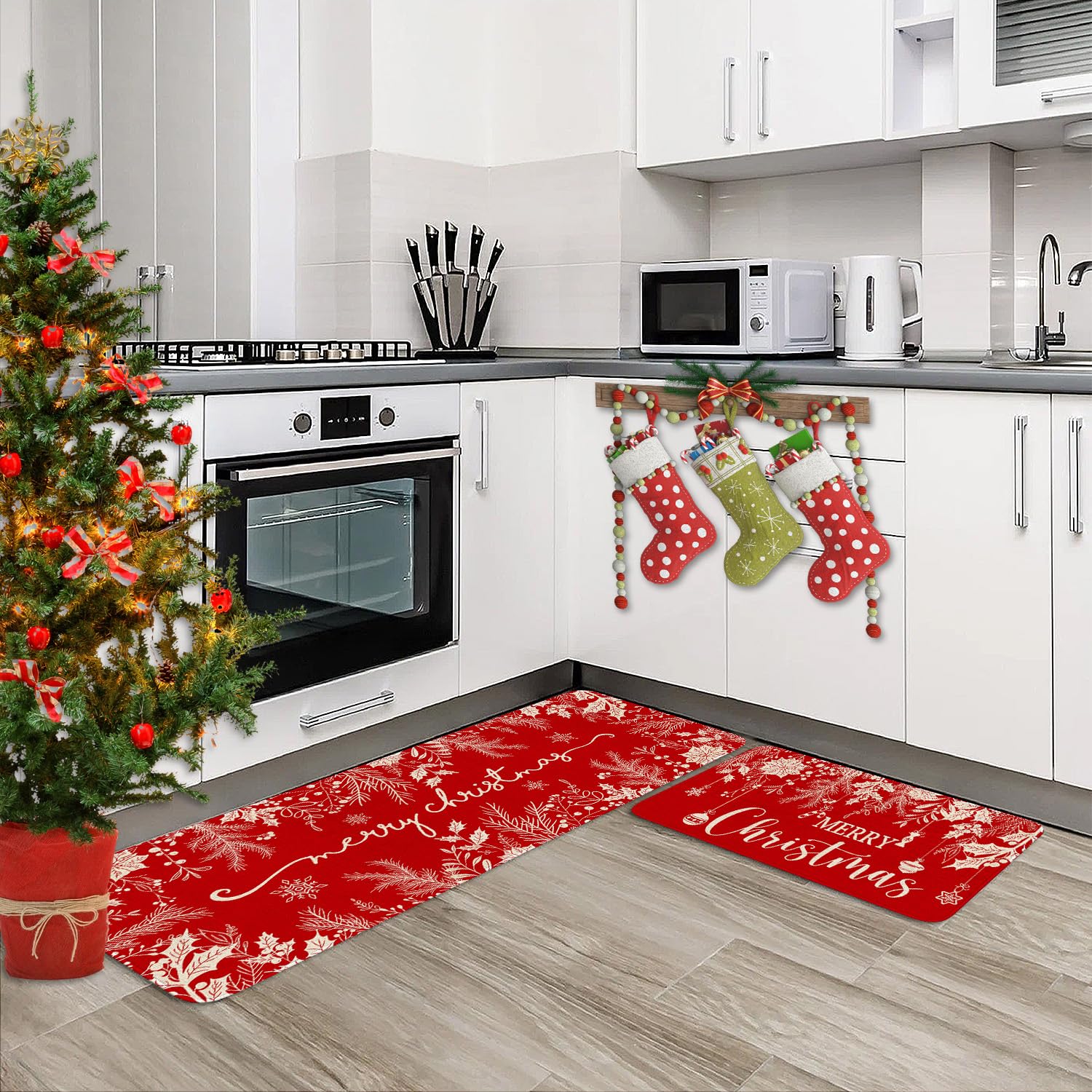 Christmas Kitchen Rugs Set of 2 - Non-Slip Holiday Floor Mats with Holly Pine Design, Red Winter Decor for Sink Area & Entryway | Perfect for Festive Home Decor, Kitchen Safety & Welcoming Guests