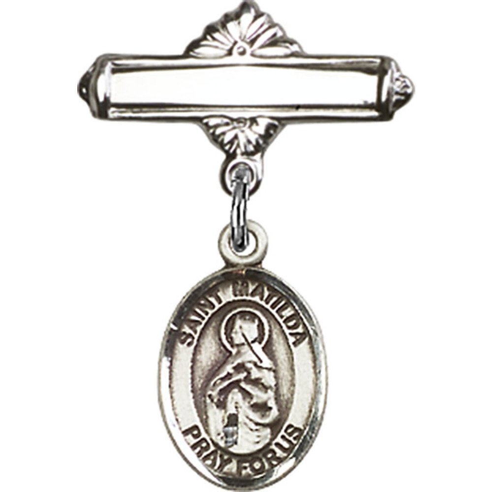 St. Matilda Sterling Silver Baby Badge Charm - 1 x 5/8 Inch Polished Pin for Christening, Baptism & First Communion Gifts - Perfect for Newborn Keepsakes & Religious Jewelry