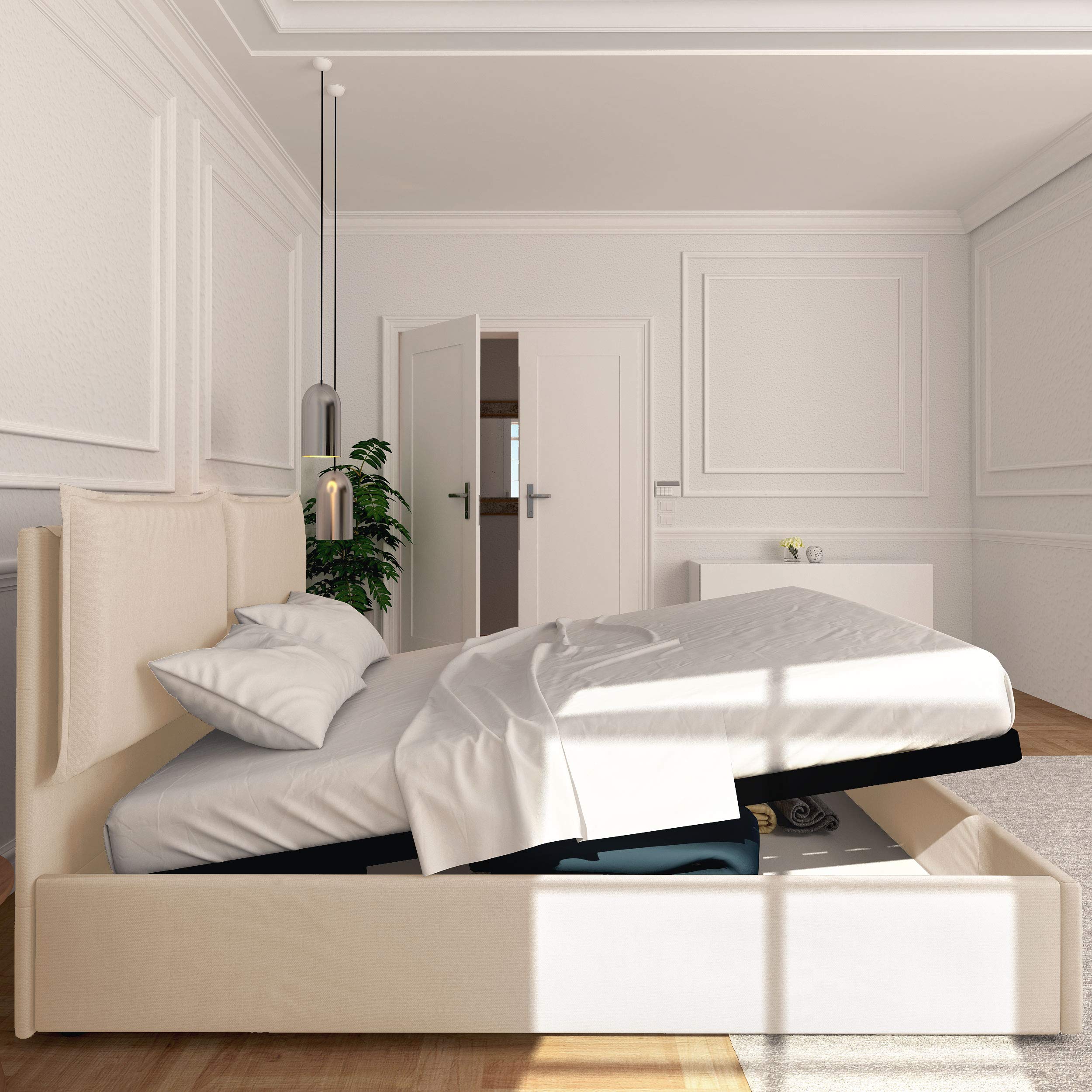 Baldiflex Queen Size Bed with Storage - Licia Model, Synthetic Leather Upholstery, Slatted Base for Mattress Support, 180x200 cm, Padded Headboard, White - Perfect for Modern Bedrooms & Guest Rooms