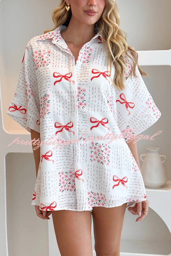 Women's Sweet Bow Print Lapel Half Sleeve Tie Waist Loose Romper Jumpsuit | Casual Summer Outfit for Beach, Vacation & Date Night