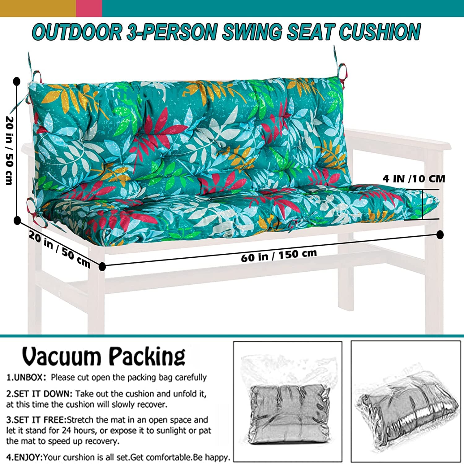 Premium Replacement Cushions for Outdoor Swing - Soft Waterproof Garden Bench Seat with Backrest & Non-Slip Ties - 40x47 Inch Overstuffed Patio Swing Cushions (Floral Pattern) - Perfect for Porch, Deck, Backyard & Garden Relaxation