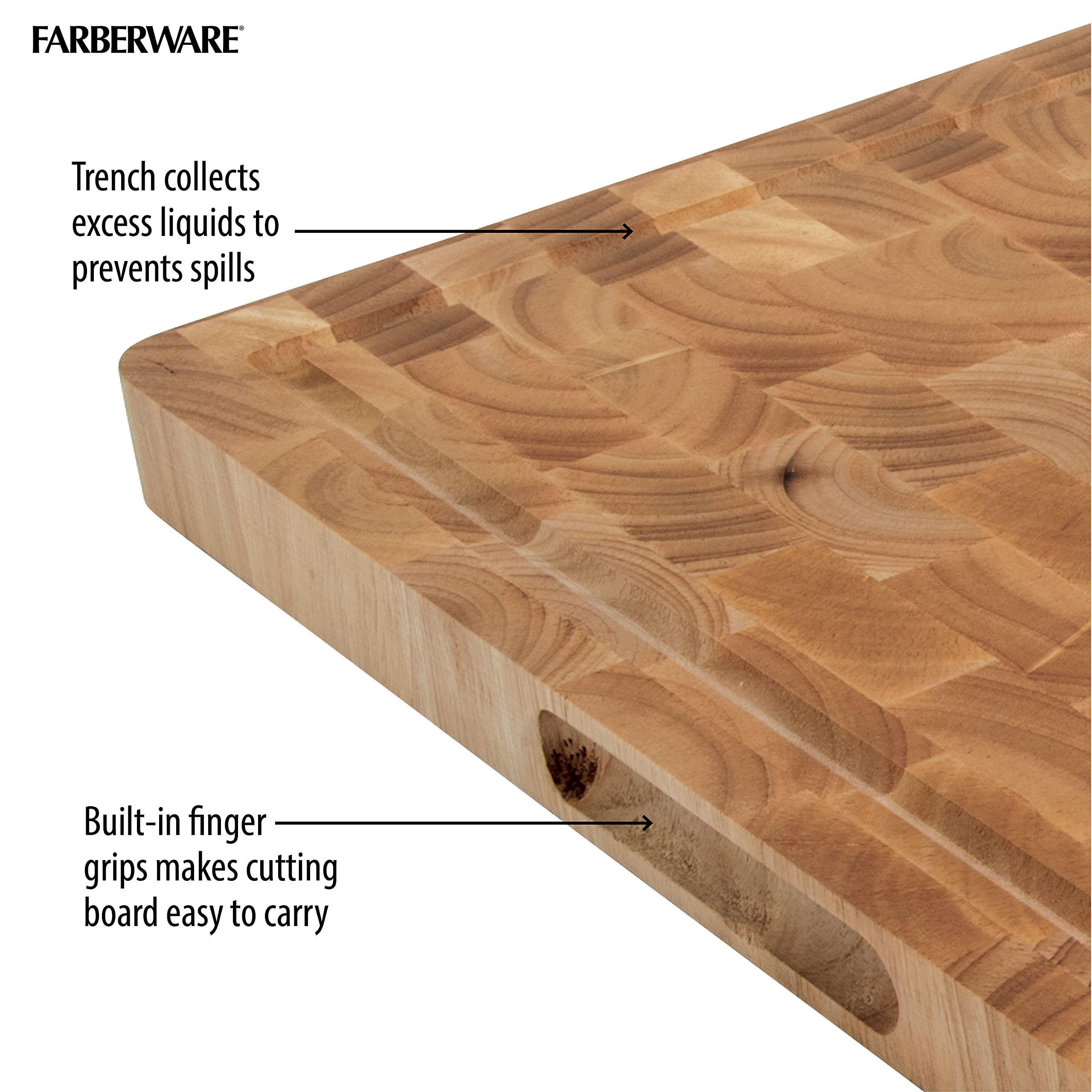 Premium Farberware 16x16 Inch Thick End Grain Rubberwood Cutting Board with Juice Groove & Finger Grips - Natural Wood Chopping Block for Meat, Vegetables & Fruits - Ideal for Kitchen Prep, Butchering & Serving Charcuterie
