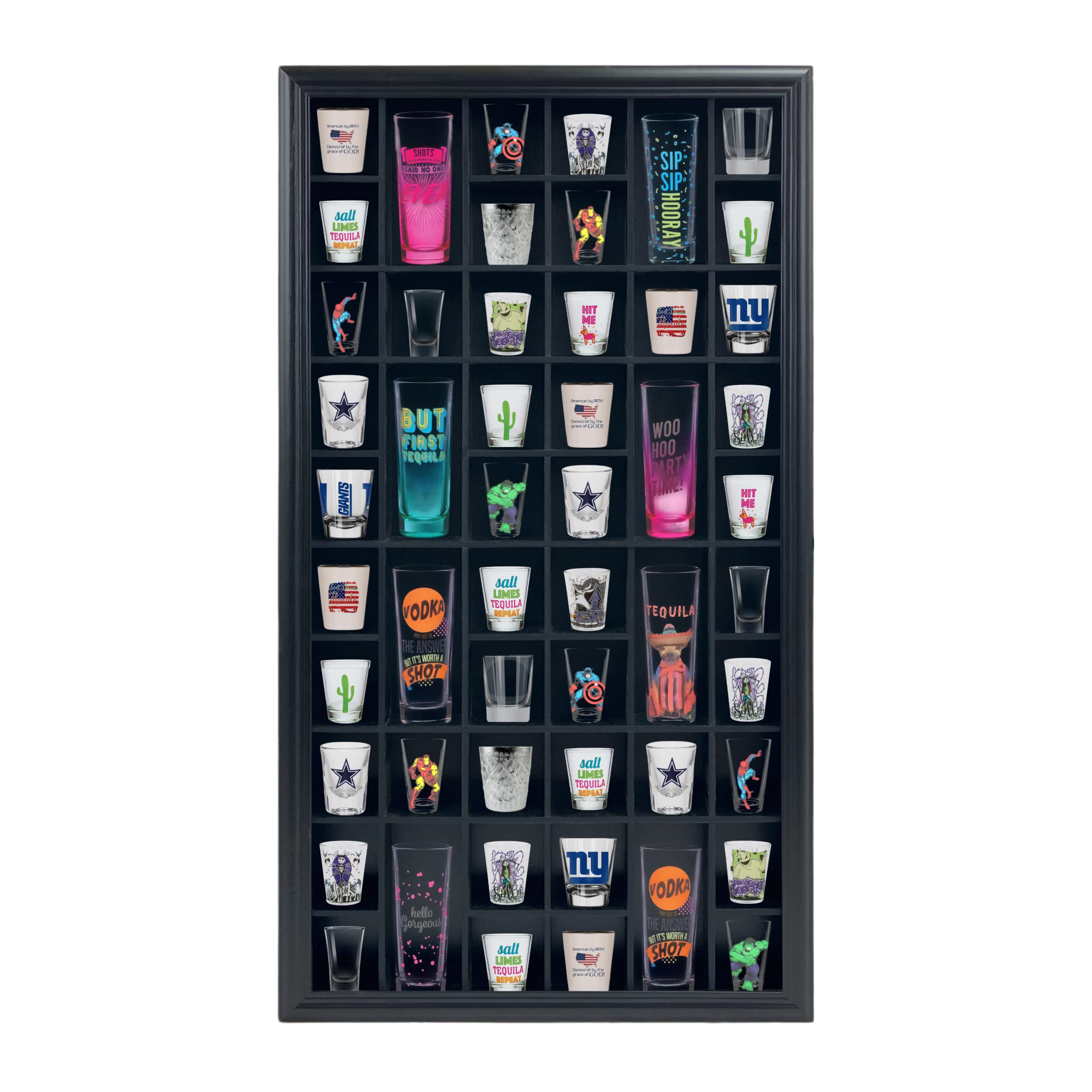 ILOT Solid Wood Shot Glass Display Cabinet - Large Wall Mounted Collectible Case with UV Protection Acrylic Door | 52 Divided Slots for Shot Glasses & Mini Bottles (32