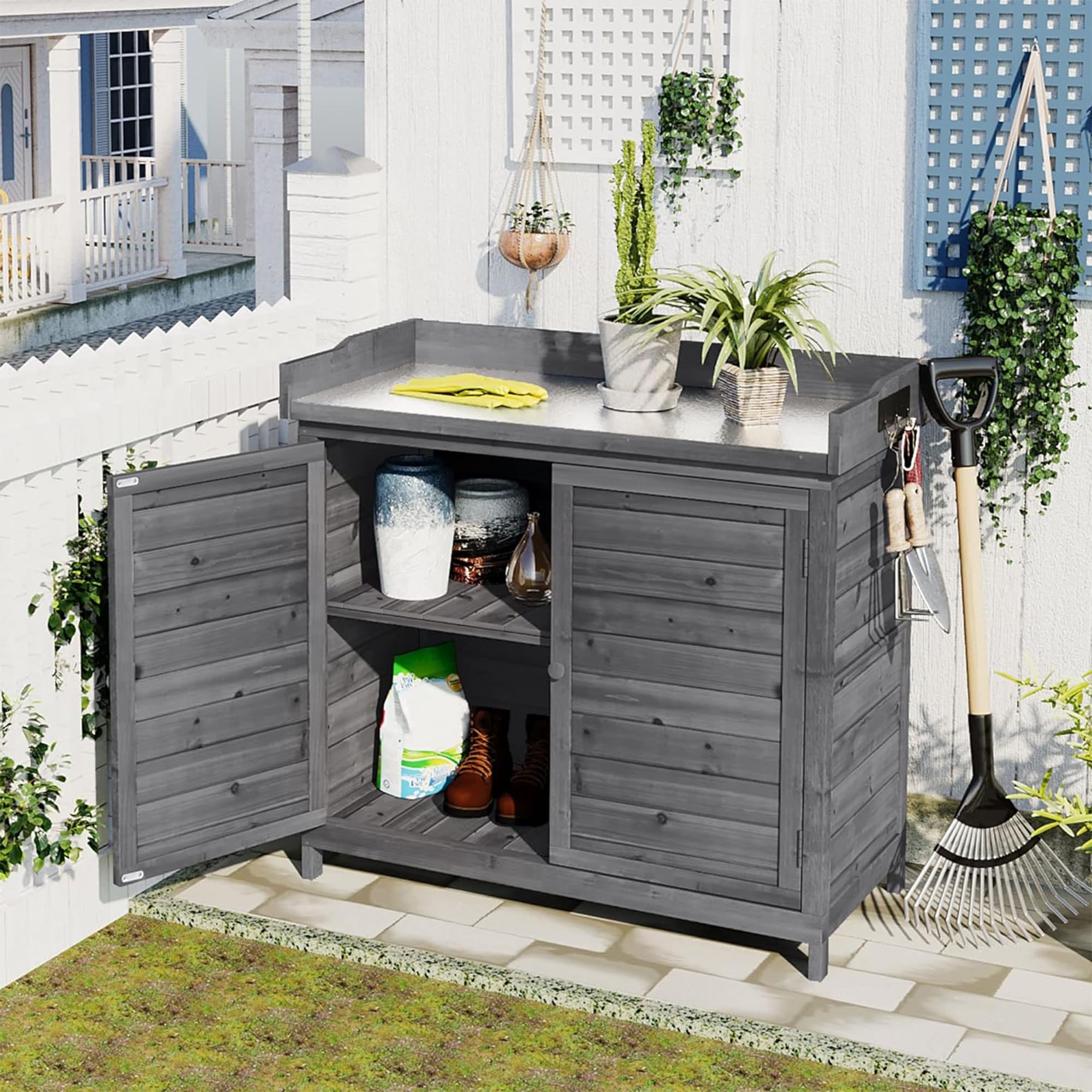 Outdoor Potting Bench with Storage - Weatherproof Garden Work Table with Double Doors, 2-Tier Shelves & Side Hooks - Perfect for Patio, Backyard, Porch Gardening & DIY Projects (Grey)