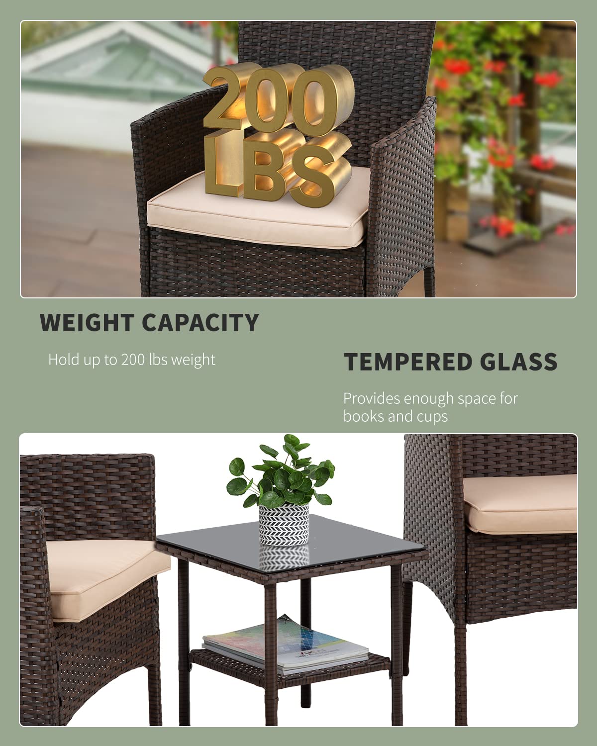 3-Piece Wicker Patio Furniture Set - Outdoor Rattan Chairs & Table for Backyard, Porch, Poolside or Lawn - Brown Conversation Bistro Set for Relaxing & Entertaining