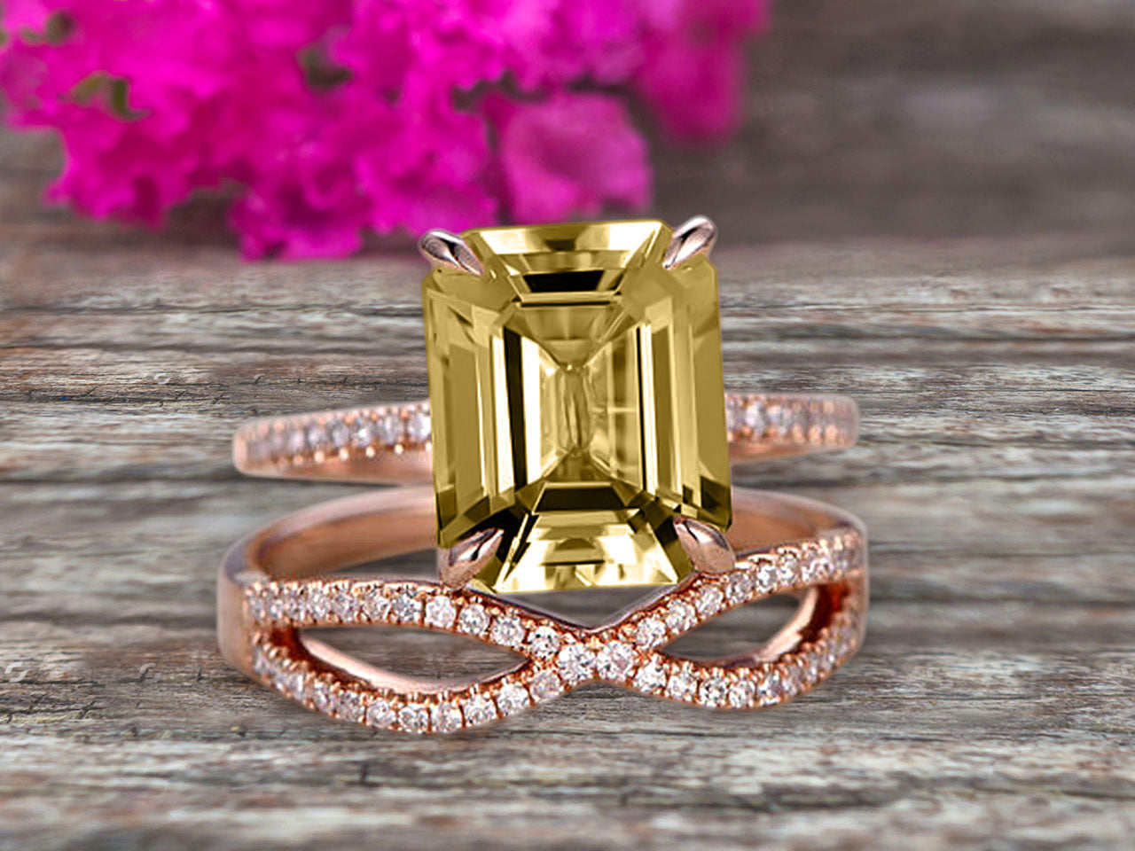 1.50 Carat Emerald Cut Champagne Moissanite Engagement Ring - 10k Rose Gold Wedding Band for Women, Bridal Set, Anniversary Gift - Perfect for Proposals, Valentine's Day & Special Occasions