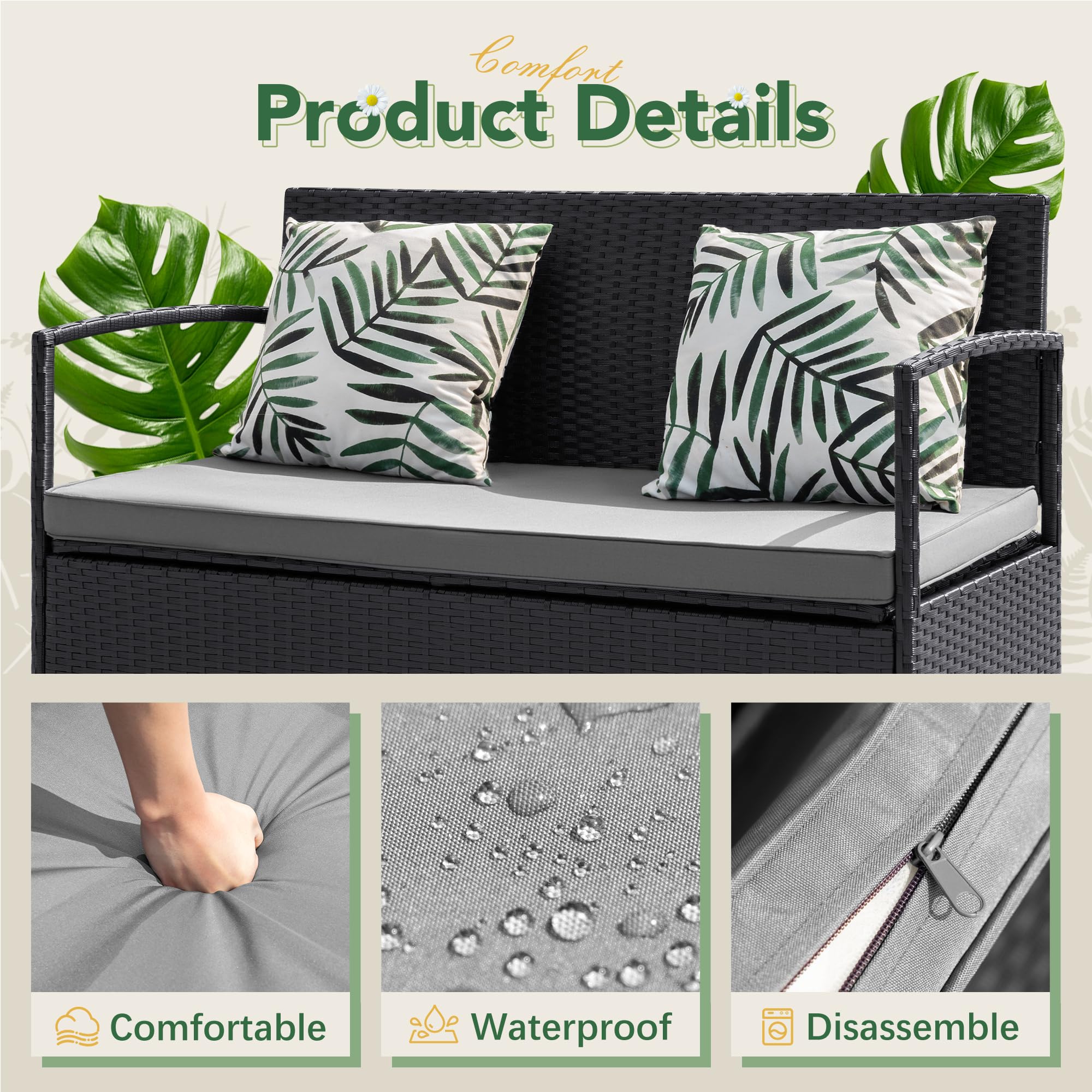 Flamaker All-Weather Wicker Patio Loveseat - Outdoor Rattan Conversation Bench with Storage & Cushions - Perfect for Backyard, Porch, Garden & Poolside Relaxation (Black)