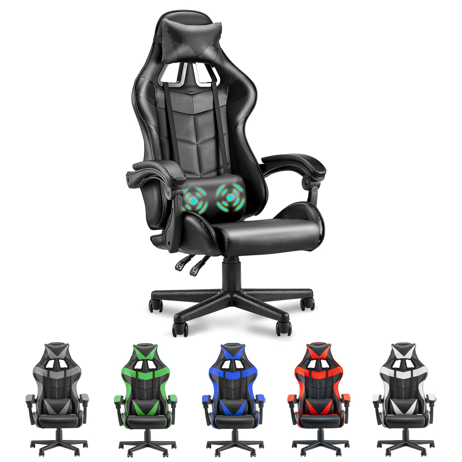 Soontrans Black Gaming Chair - Ergonomic High-Back Computer Chair with Adjustable Headrest & Lumbar Support - Perfect for PC Gaming, Office Work, and Esports Tournaments