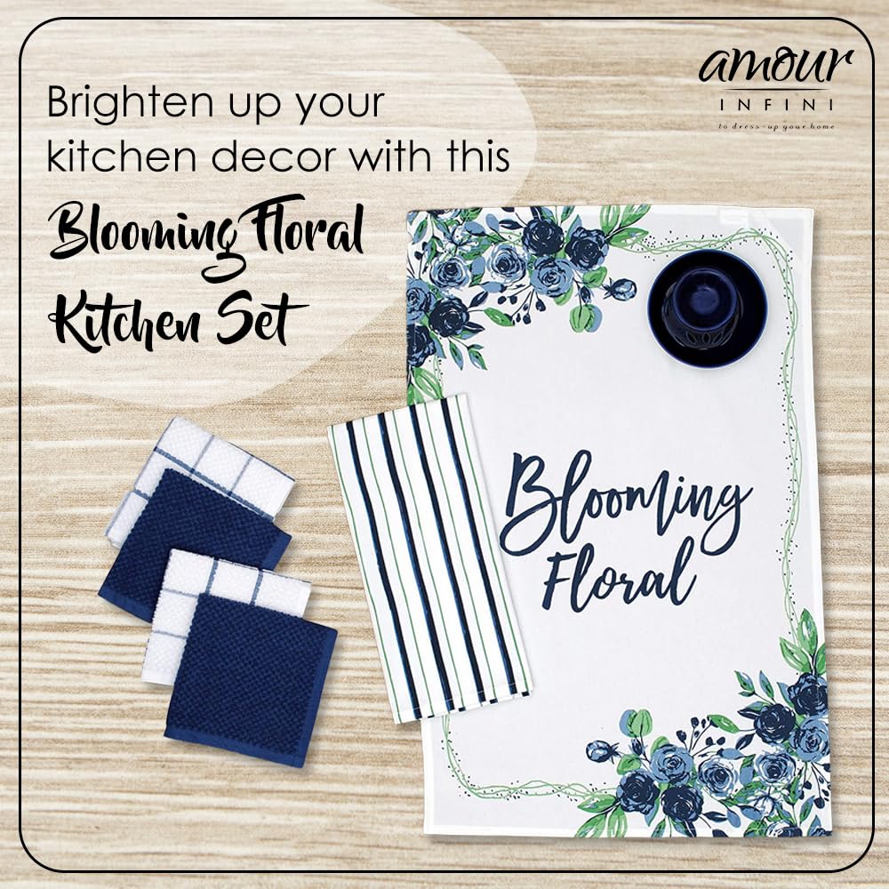 AMOUR INFINI 6-Piece Cotton Kitchen Towel Set - 4 Terry Dishcloths (12”x12”) & 2 Absorbent Kitchen Towels (28”x18”) - Blooming Floral Design for Dish Drying, Cleaning & Home Decor - Perfect Housewarming Gift & Kitchen Essentials