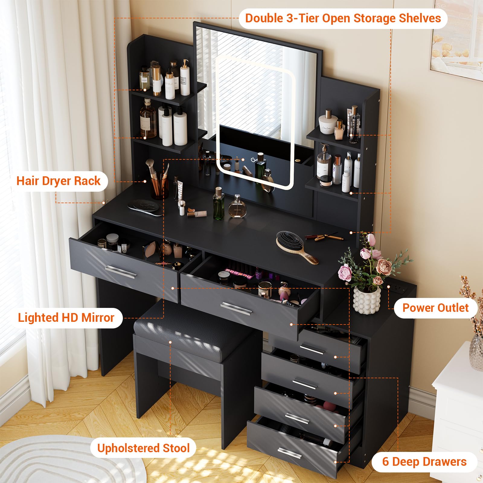Black Vanity Desk with Mirror & LED Lights - Makeup Vanity Set with 6 Drawers, Shelves & Charging Station - Includes Stool - Perfect for Bedroom, Dressing Room & Beauty Salon