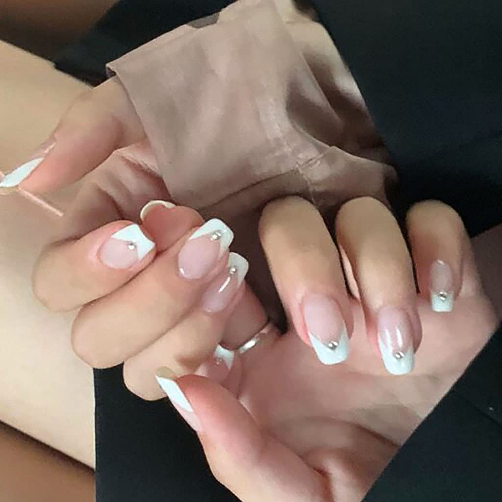 RikView 24PCS Short Square Press on Nails - French Acrylic Fake Nails with Rhinestones, Glossy White Nude Full Cover Prom Nails with Glue Sticker (A-Crystal) | Perfect for Parties, Weddings, Prom & Special Occasions