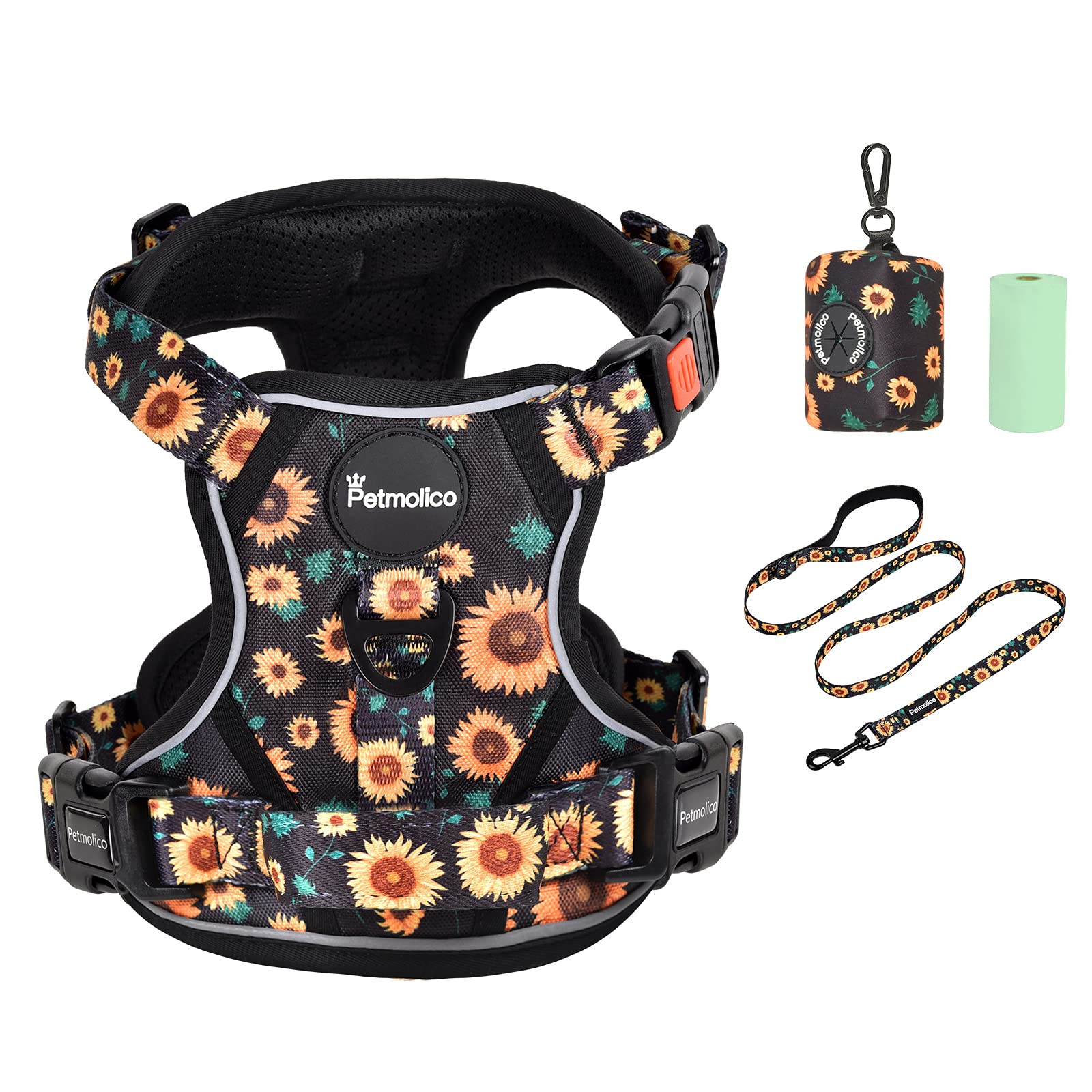 Petmolico No Pull Dog Harness Set with Leash - Reflective Adjustable Vest for Small Dogs & Puppies, Easy Control Handle & Poop Bag Holder - Sunflower Pattern - Perfect for Walking, Training & Outdoor Adventures