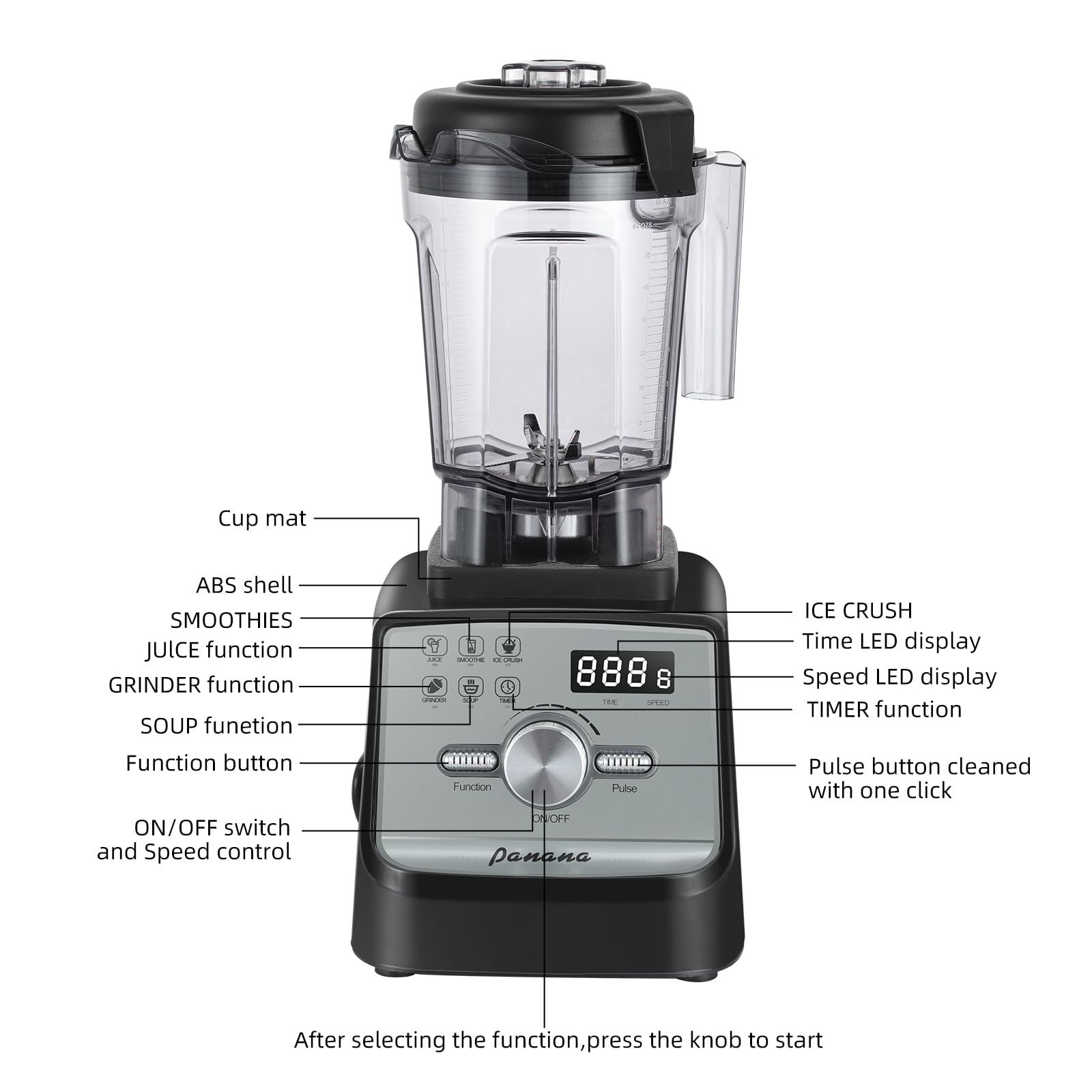 Panana 1400W Professional Blender - 68oz Large Capacity Countertop Blender with 5 Smart Functions for Smoothies, Ice Crushing, Frozen Drinks - Perfect for Home & Commercial Use - Ideal for Making Healthy Smoothies, Protein Shakes, Baby Food & Margaritas