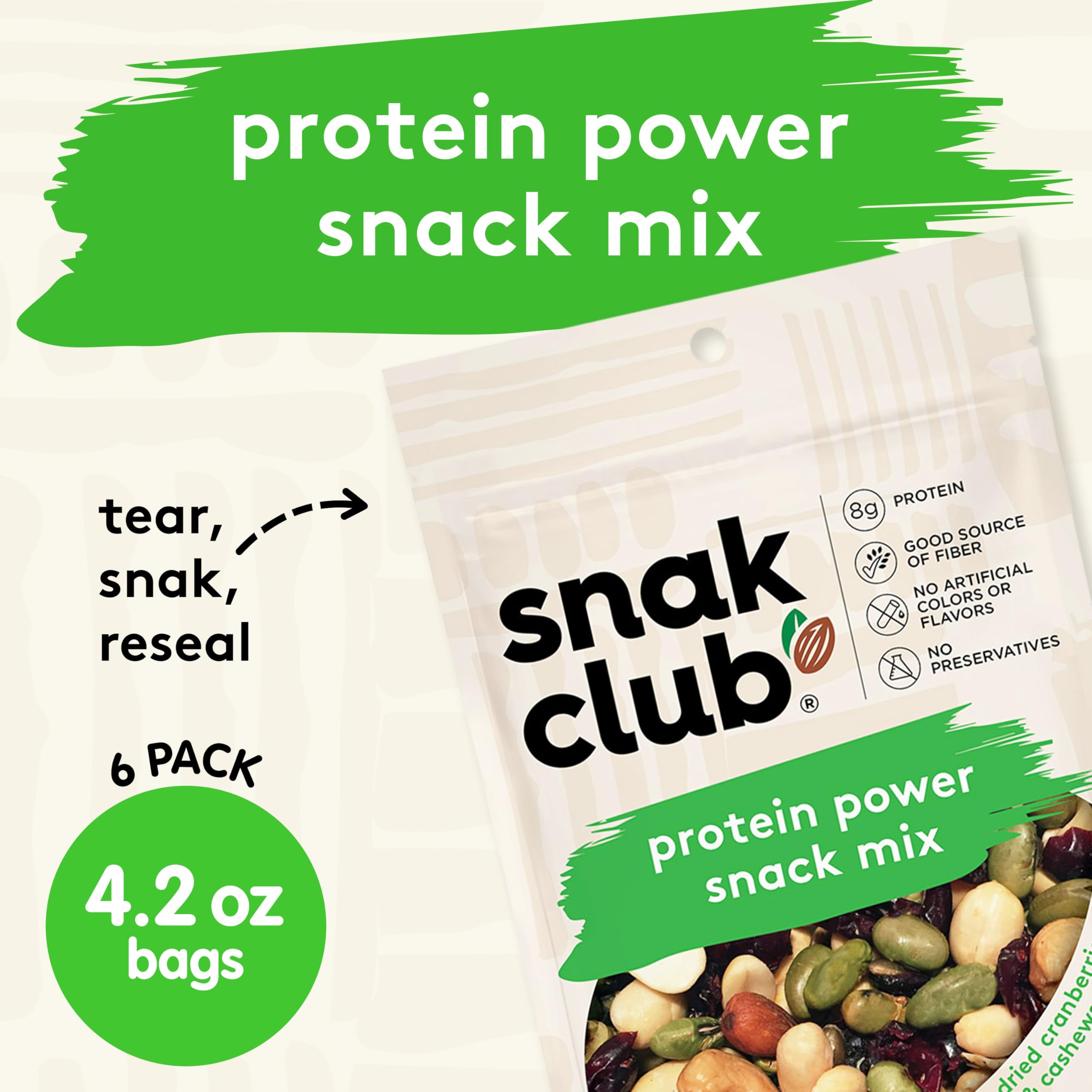 Snak Club Protein Power Snack Mix - Gluten Free & Kosher Trail Mix with Peanuts, Almonds, Cashews, Roasted Edamame, Dried Cranberries & Pumpkin Seeds - 4.2oz Resealable Bags (6 Pack) - Perfect for Hiking, Camping, Office Snacks & Healthy On-the-Go Nutrition