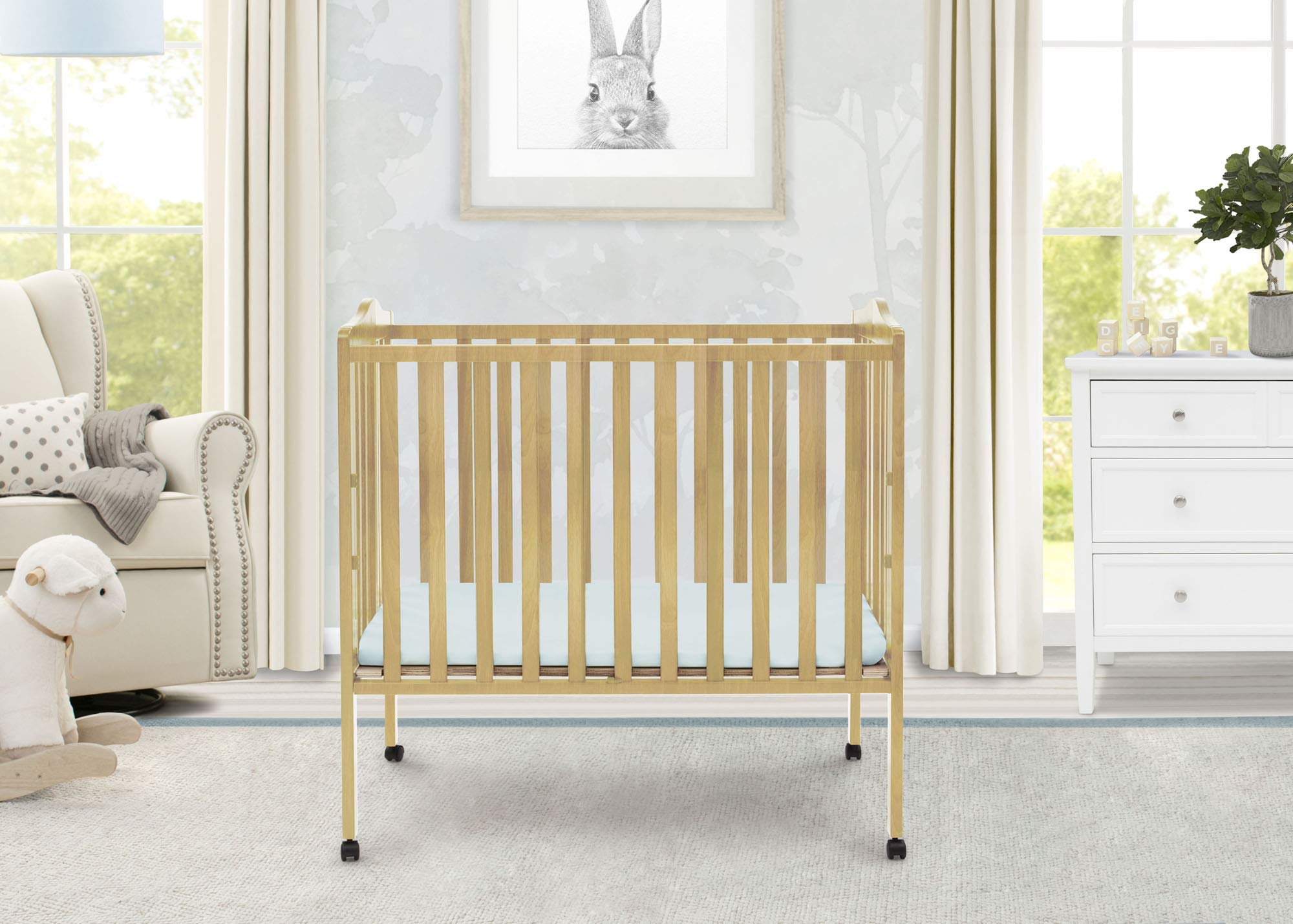 Delta Children Folding Portable Mini Baby Crib with 1.5-inch Mattress - Greenguard Gold Certified, Natural - Perfect for Travel, Nursery & Small Spaces