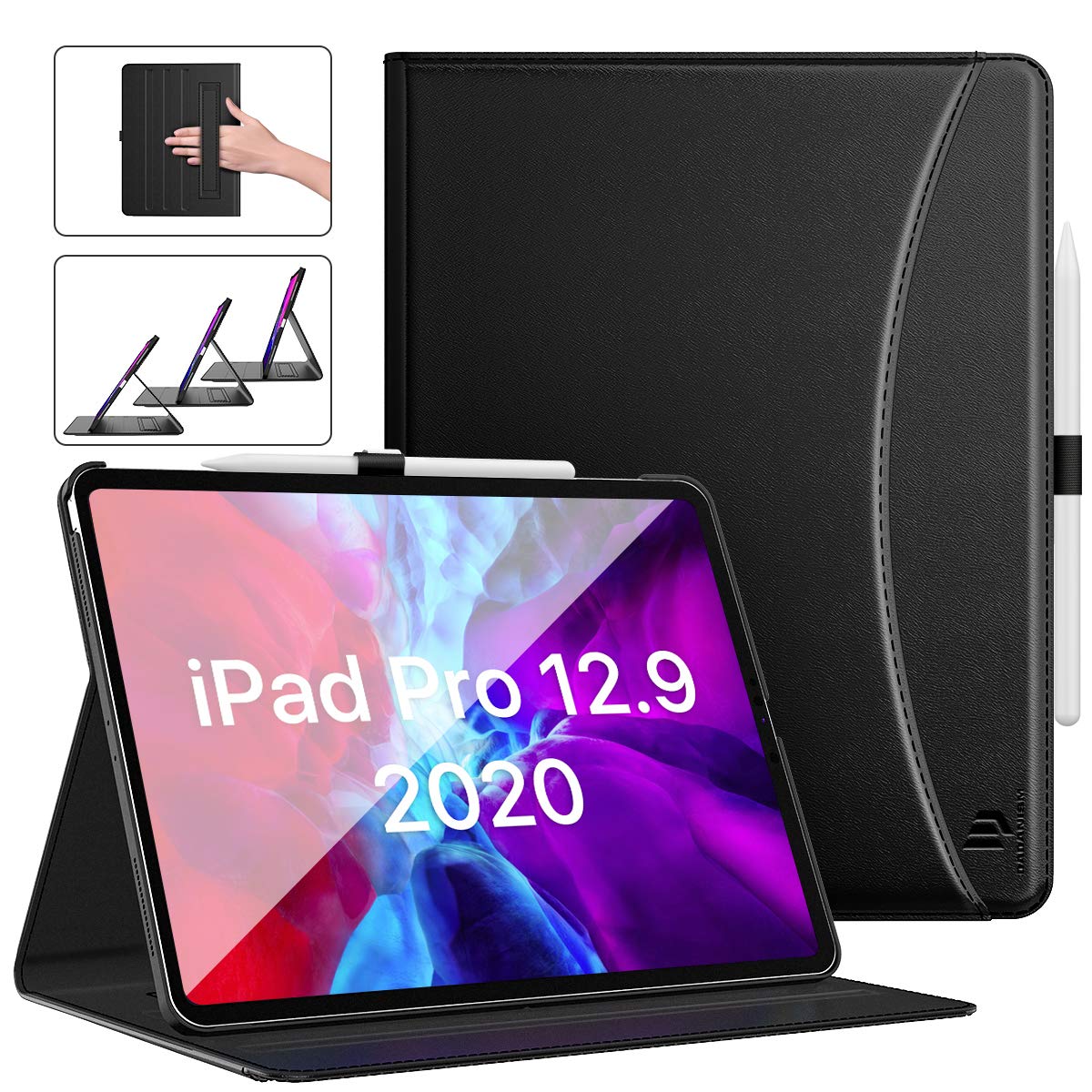 Premium PU Leather Smart Folio Case for iPad Pro 12.9 inch (2020 Model) - Multiple Viewing Angles, Apple Pencil Charging, Hand Strap & Card Slots, Auto Wake/Sleep - Black | Perfect for Work, Study & Travel Protection