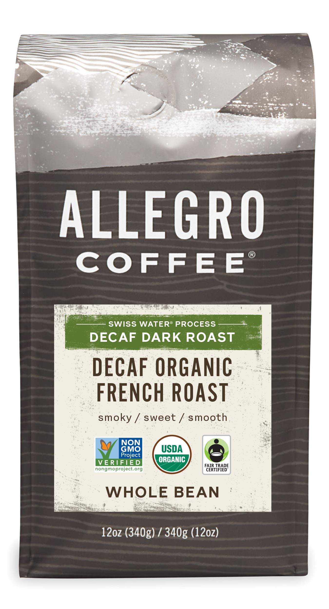 Organic Decaf French Roast Whole Bean Coffee by Allegro - 12oz Bag | Rich & Smooth Low Acid Coffee for Morning Brewing, Afternoon Pick-Me-Up & Gift Giving