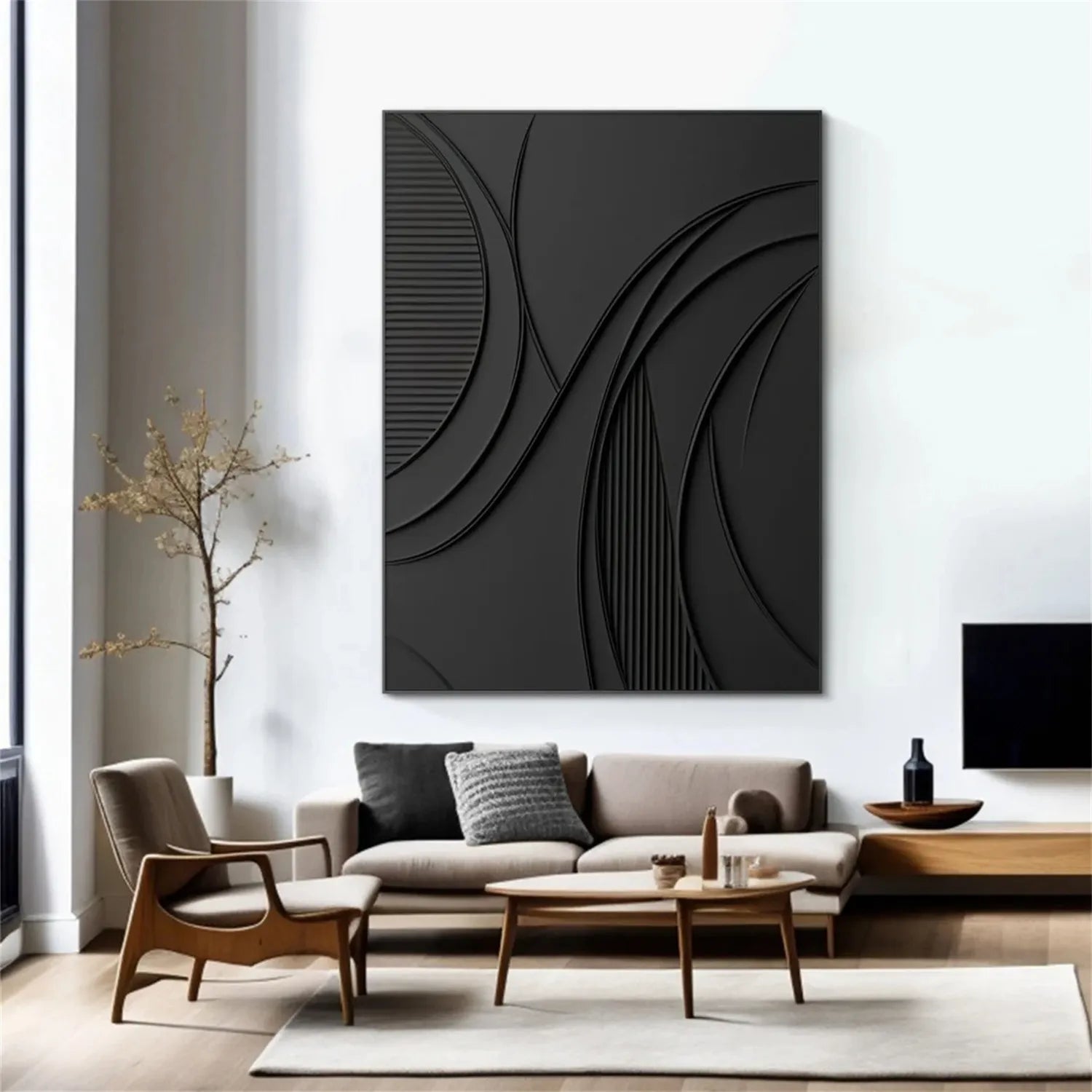 Black Minimalist Textured Painting Canvas Wall Art - Modern Abstract Home Decor for Living Room, Bedroom & Office - Premium Quality Stretched Canvas #MZ126