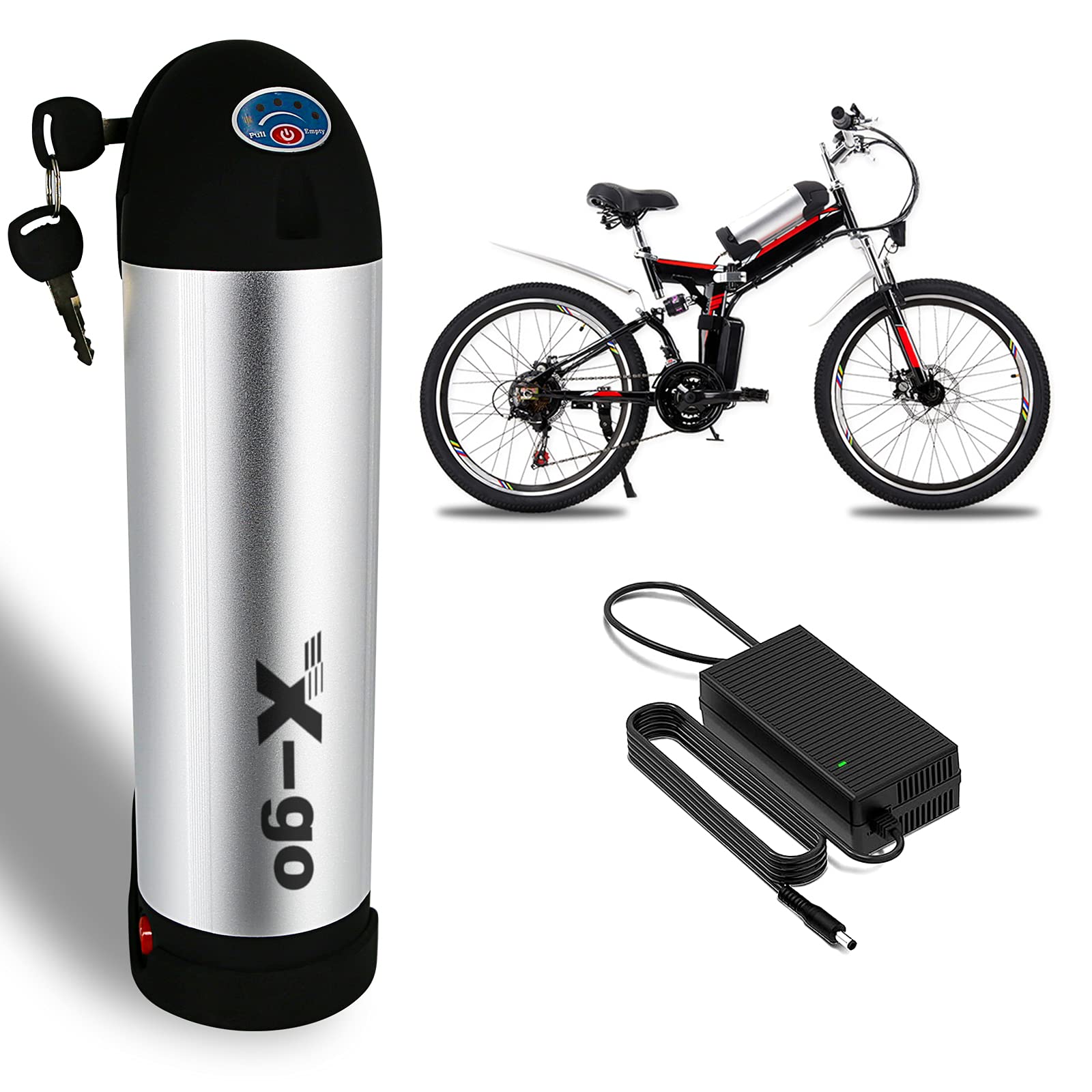 X-go 24V/36V 10Ah Lithium Li-ion Electric Bike Battery with Charger & Base - 20A BMS, Safe Lock, LED Indicator for 200W-500W Motors | Perfect for Commuting, Mountain Biking & Urban E-Bike Rides