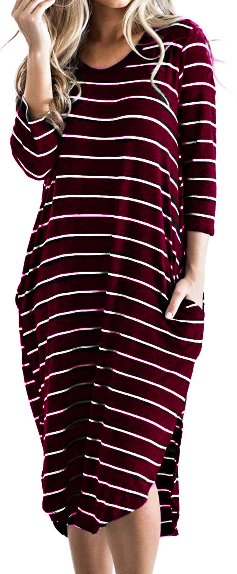 PALINDA Women's Striped 3/4 Sleeve Oversized Boho T-Shirt Dress with Pockets | Casual Midi Dress for Summer, Beach, Travel & Everyday Wear