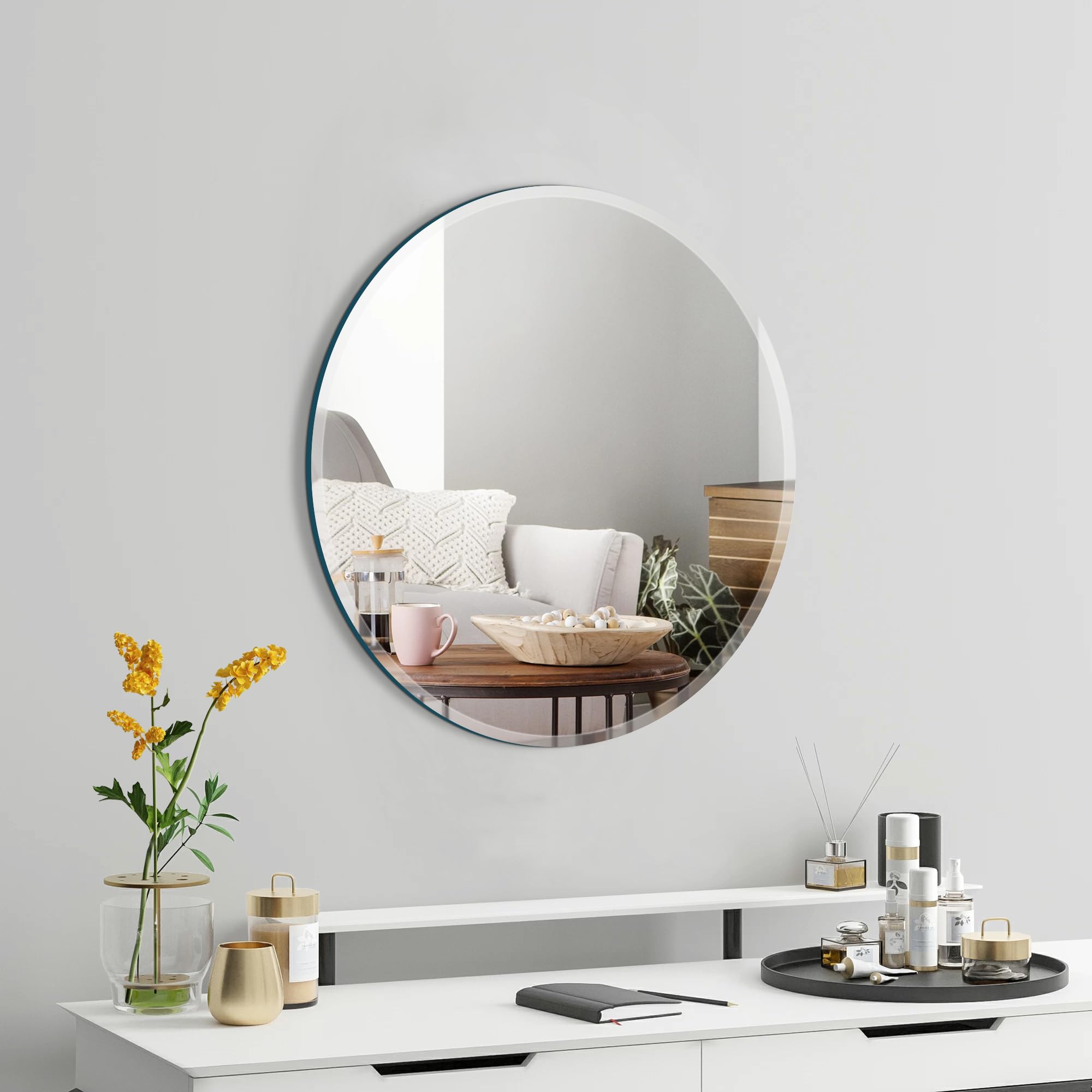 Arcus Home 18 Inch Round Beveled Frameless Wall Mirror - Perfect for Bathroom, Bedroom, Living Room, Vanity & Entryway Decor | Modern Home & Office Decoration