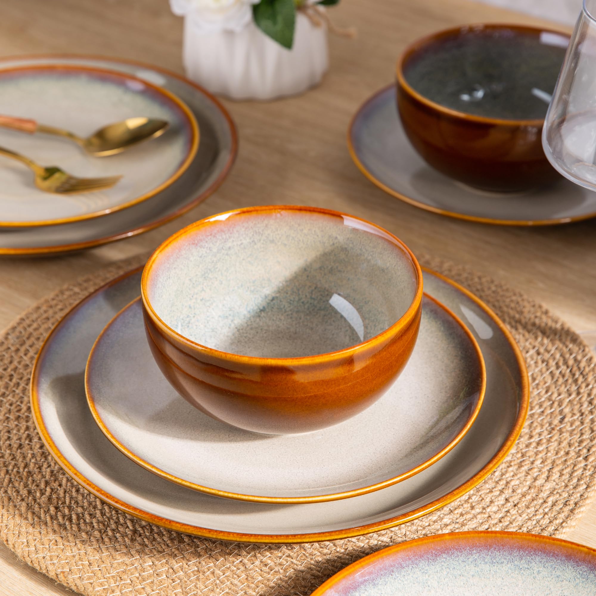 LERATIO 24-Piece Ceramic Dinnerware Set for 8, Stoneware Plates & Bowls with Handmade Reactive Glaze - Chip & Scratch Resistant, Oven, Dishwasher & Microwave Safe - Khaki | Perfect for Family Dinners, Entertaining Guests & Everyday Use