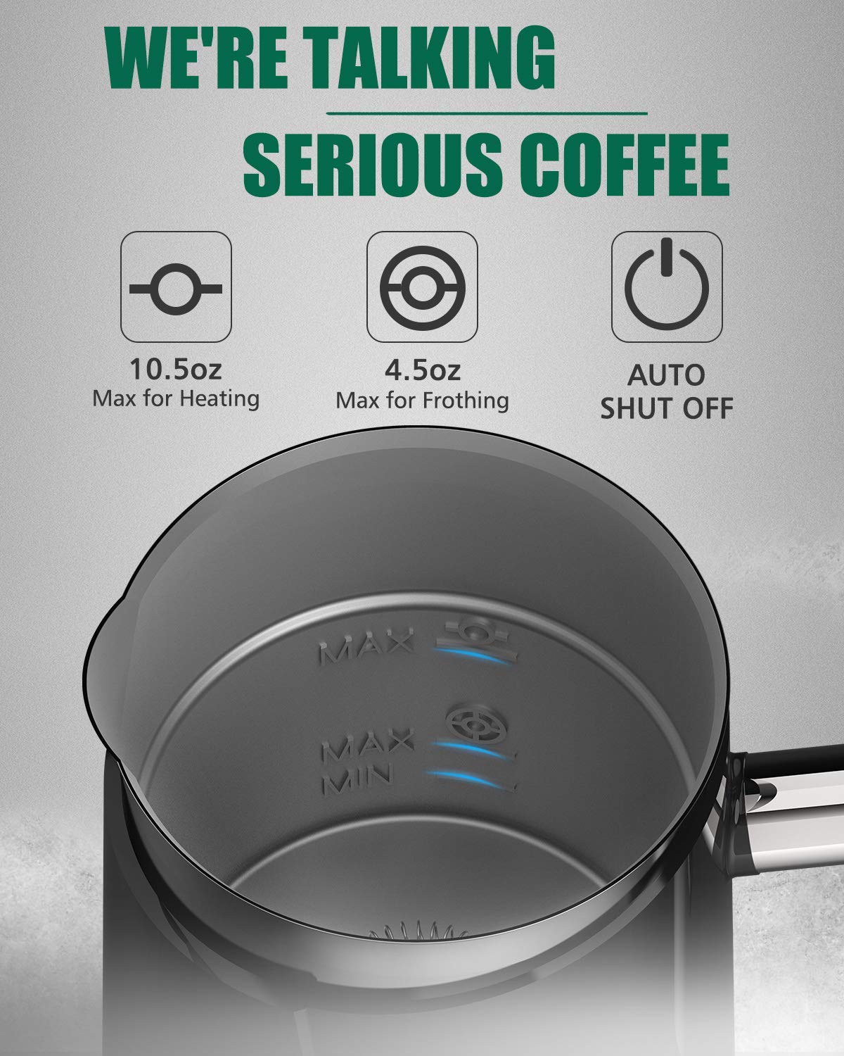 Premium Electric Milk Frother & Warmer - 4.5oz/10.5oz Capacity for Perfect Milk Foam & Hot Milk - 120V Black Coffee Frother for Lattes, Cappuccinos & Hot Chocolate at Home