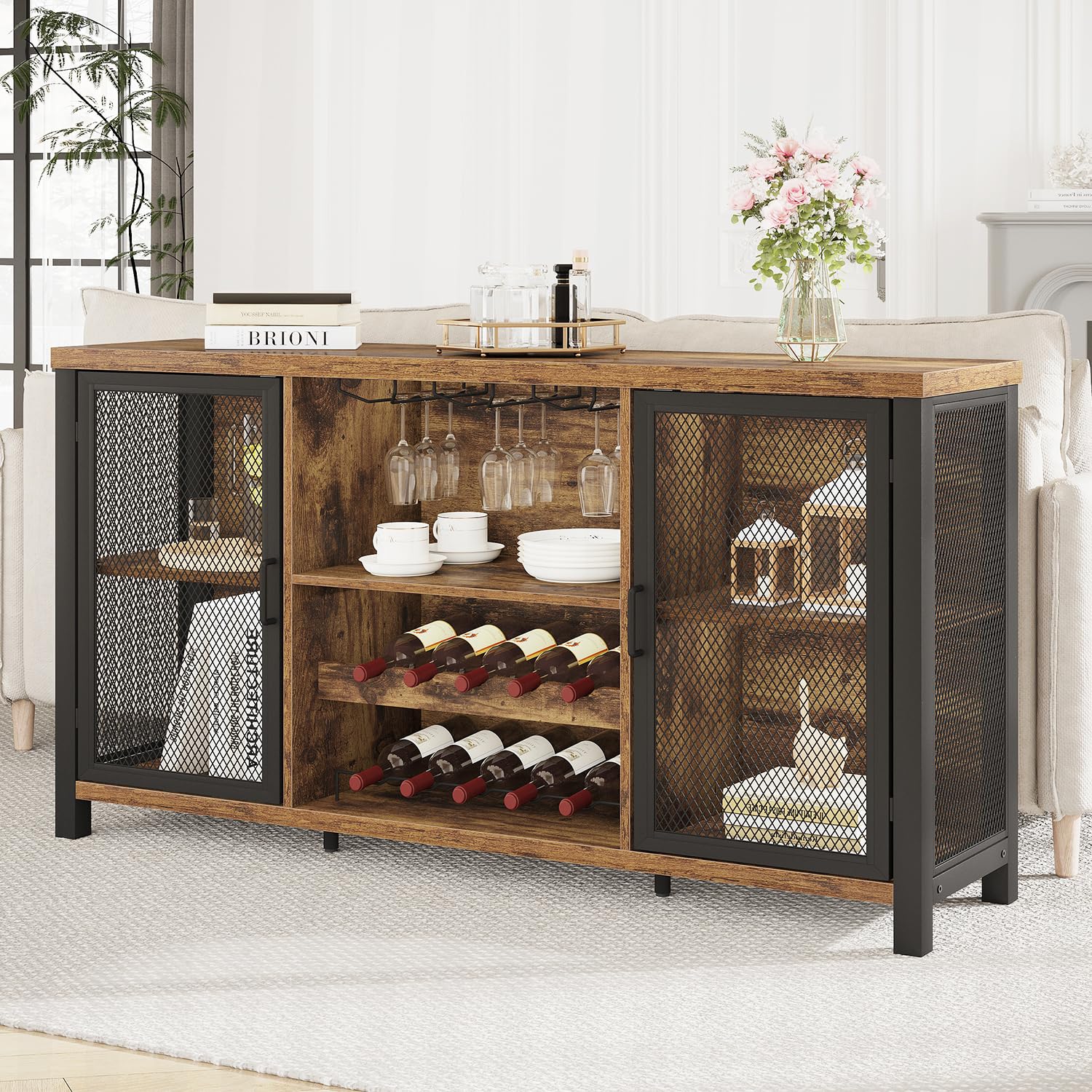Industrial Coffee & Wine Bar Cabinet - 55 Inch Rustic Brown Wood Metal Sideboard Buffet for Liquor, Glasses & Storage | Perfect for Home Kitchen, Dining Room & Entertaining Guests