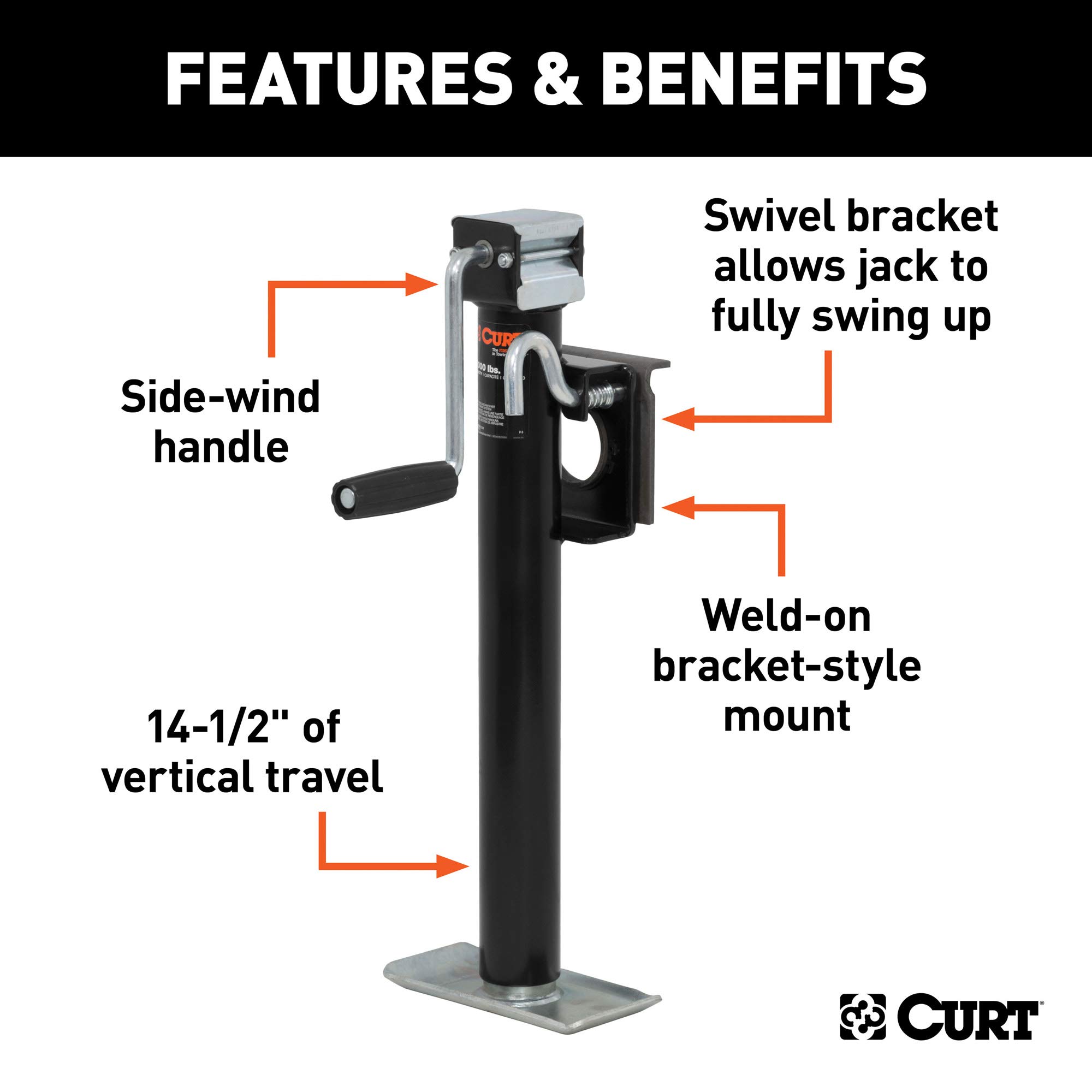 CURT 28306 Weld-On Bracket-Style Swivel Trailer Jack - 2000 lbs Capacity, 14.5 Inches Vertical Travel - Heavy Duty Trailer Stabilizer for Boats, RVs & Utility Trailers